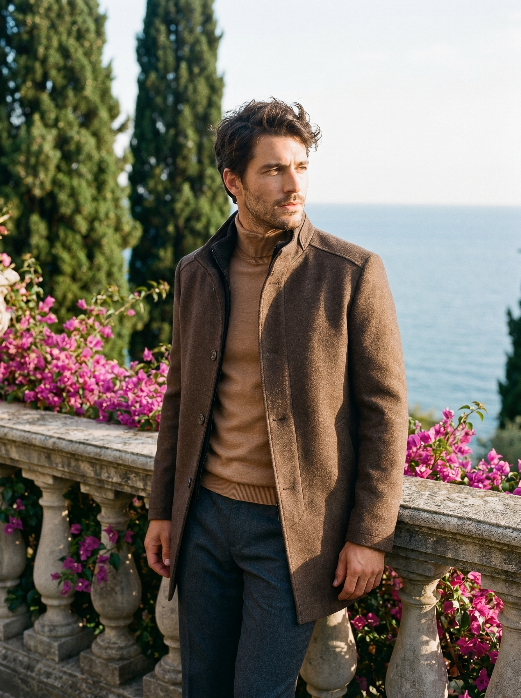 Brown overcoat with removable gilet for men, worn on a Lake Como terrace — Aveloire
