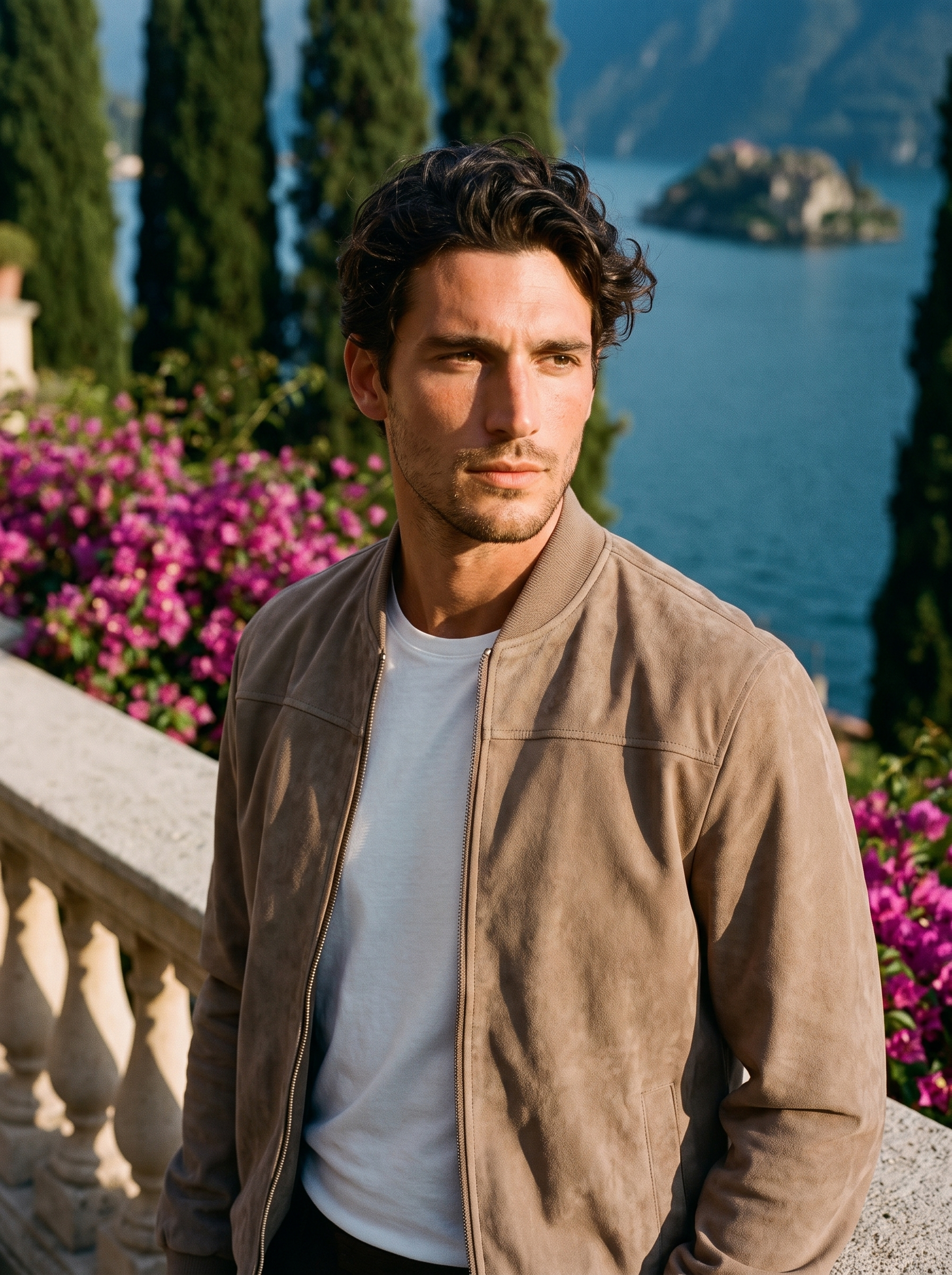 Man wearing a brown suede zip jacket on a terrace overlooking Lake Como, old money style — Aveloire