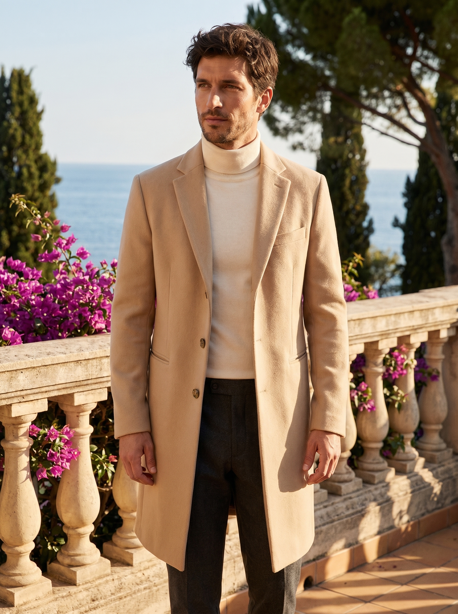 Camel single breasted overcoat for men, worn on a Lake Como terrace — Aveloire