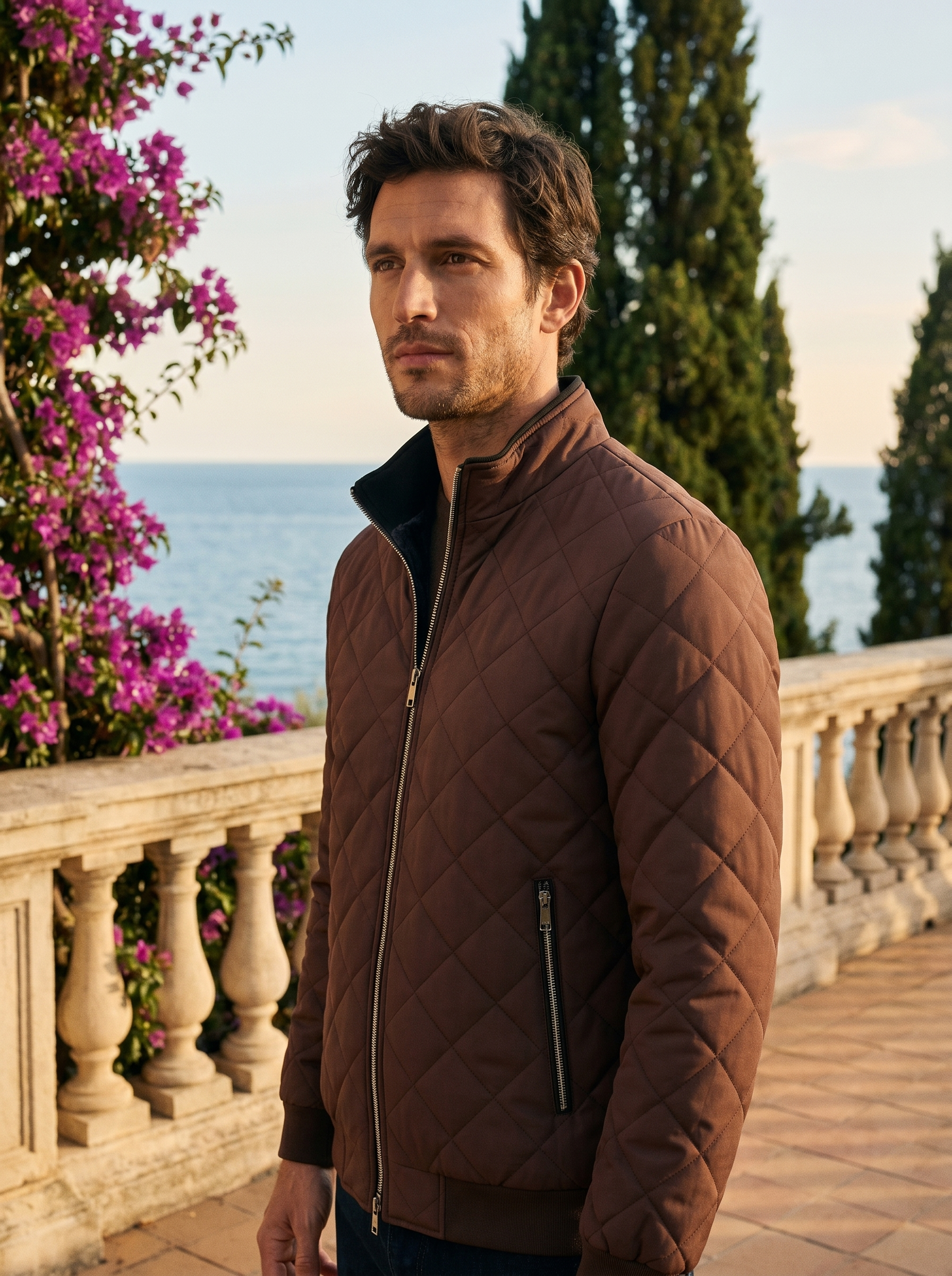 Cocoa brown fleece lined quilted jacket for men, worn on a Lake Como terrace — Aveloire