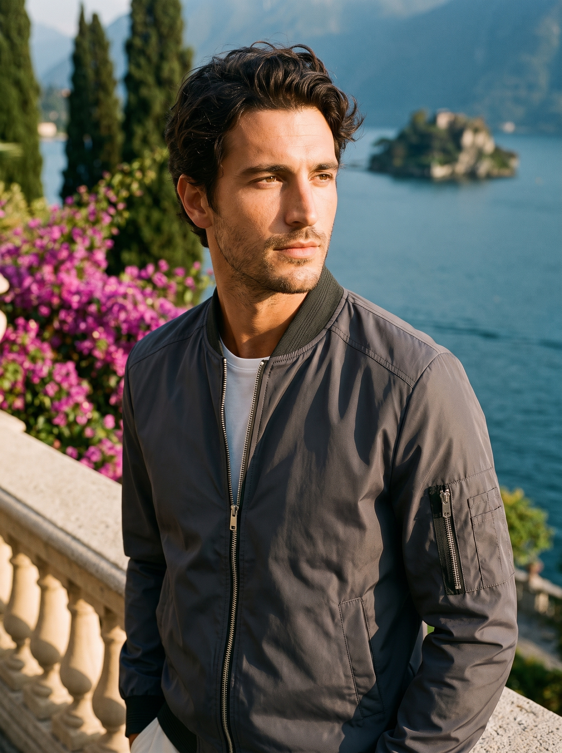 Man wearing a dark grey bomber jacket on a terrace overlooking Lake Como, old money style — Aveloire