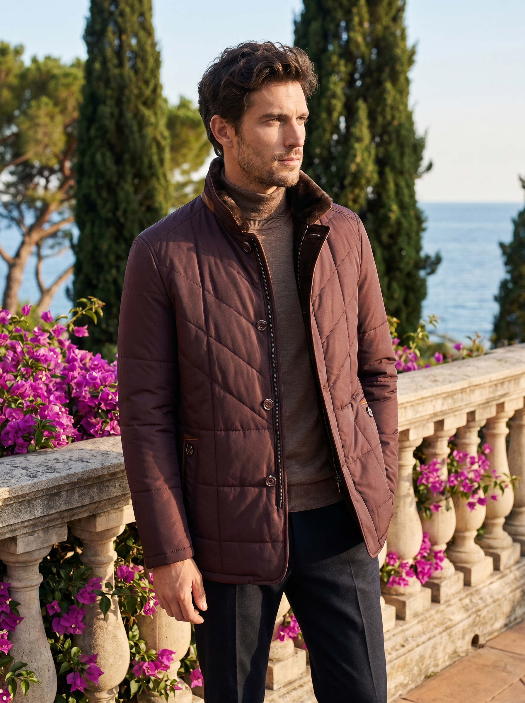 Burgundy quilted coat for men, worn on a Lake Como terrace — Aveloire
