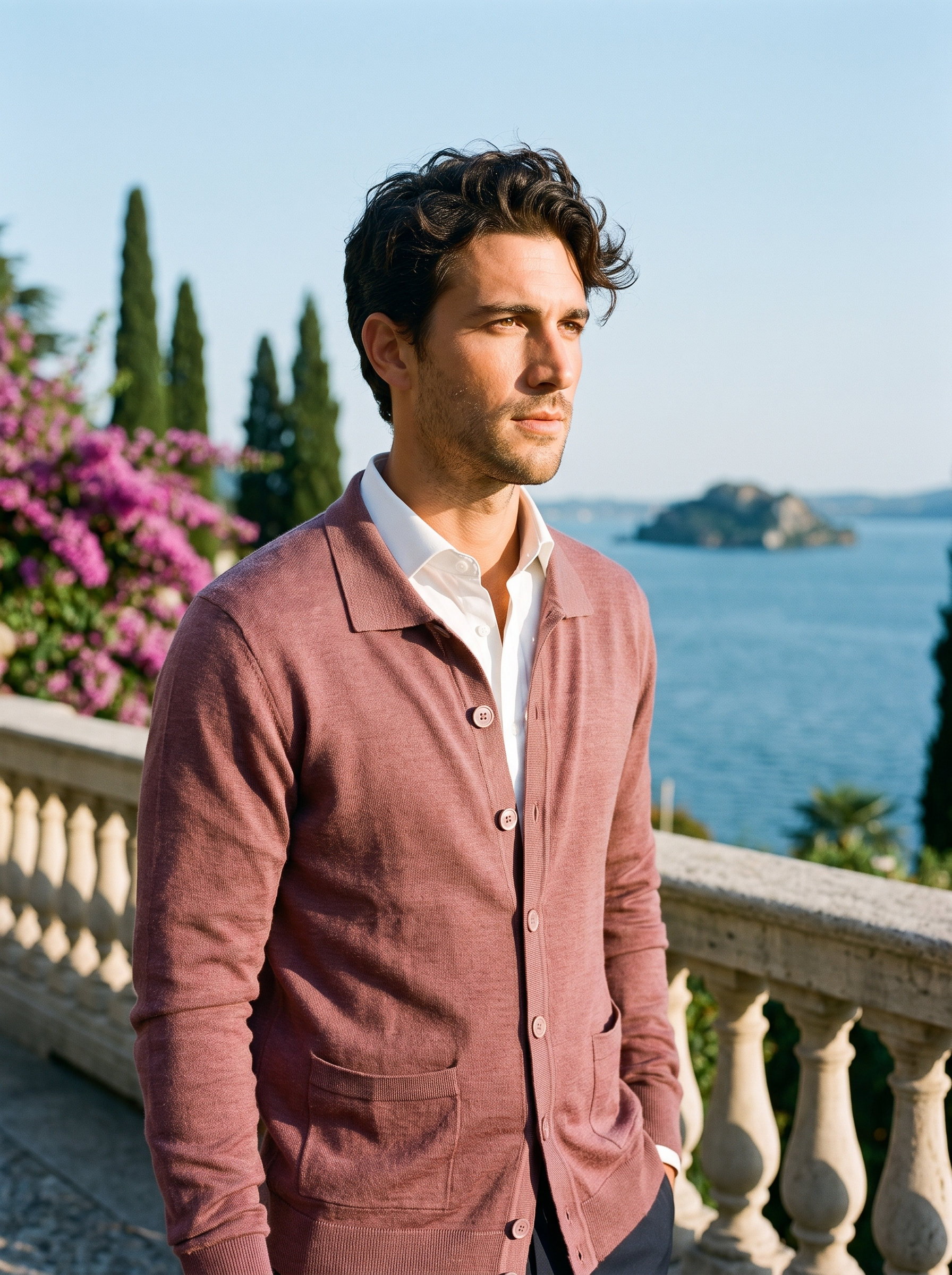 Man wearing a dusty rose button-up collared cardigan on a terrace overlooking Lake Como, old money style — Aveloire