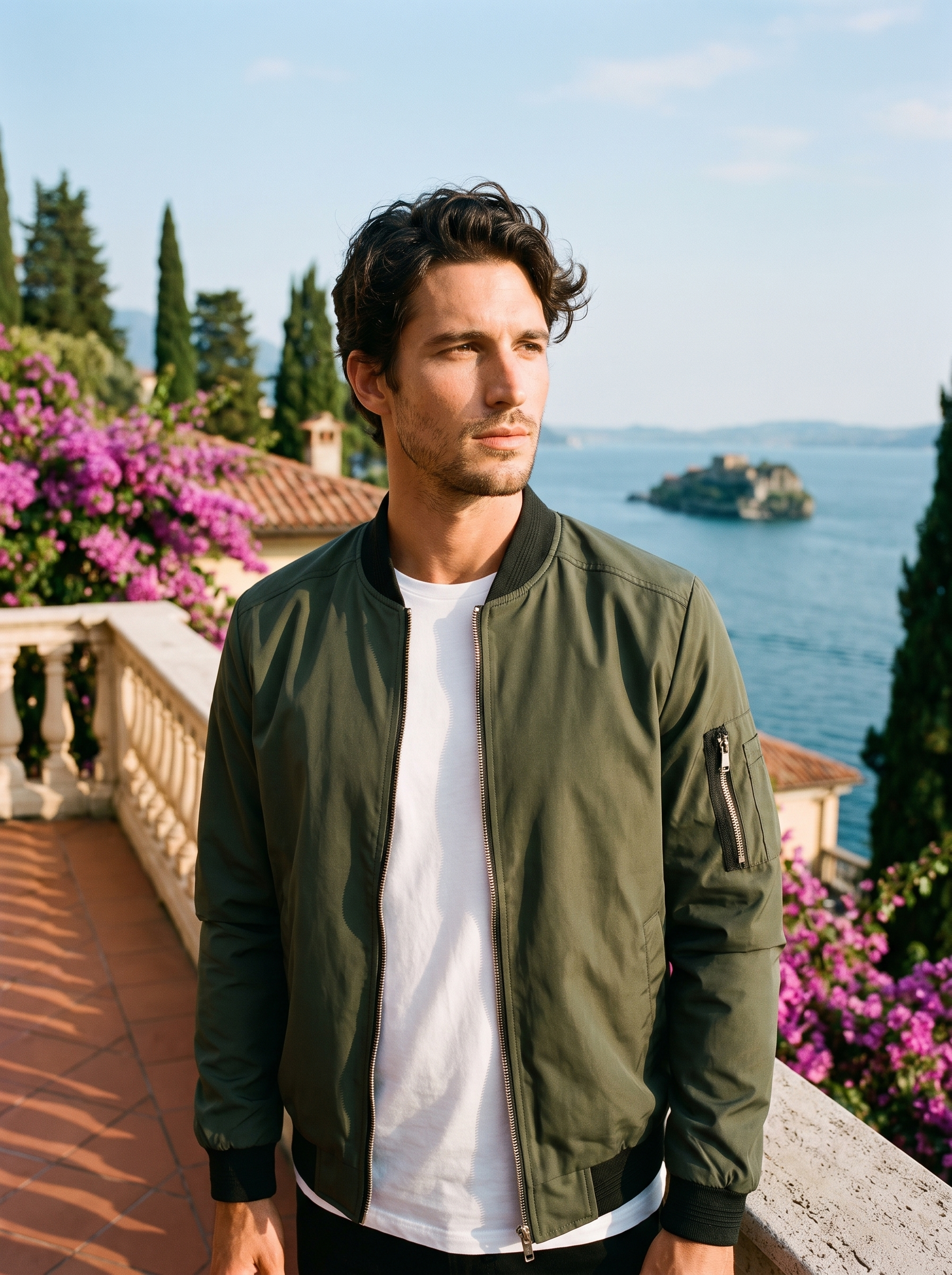 Man wearing green bomber jacket on a Lake Como terrace — Aveloire