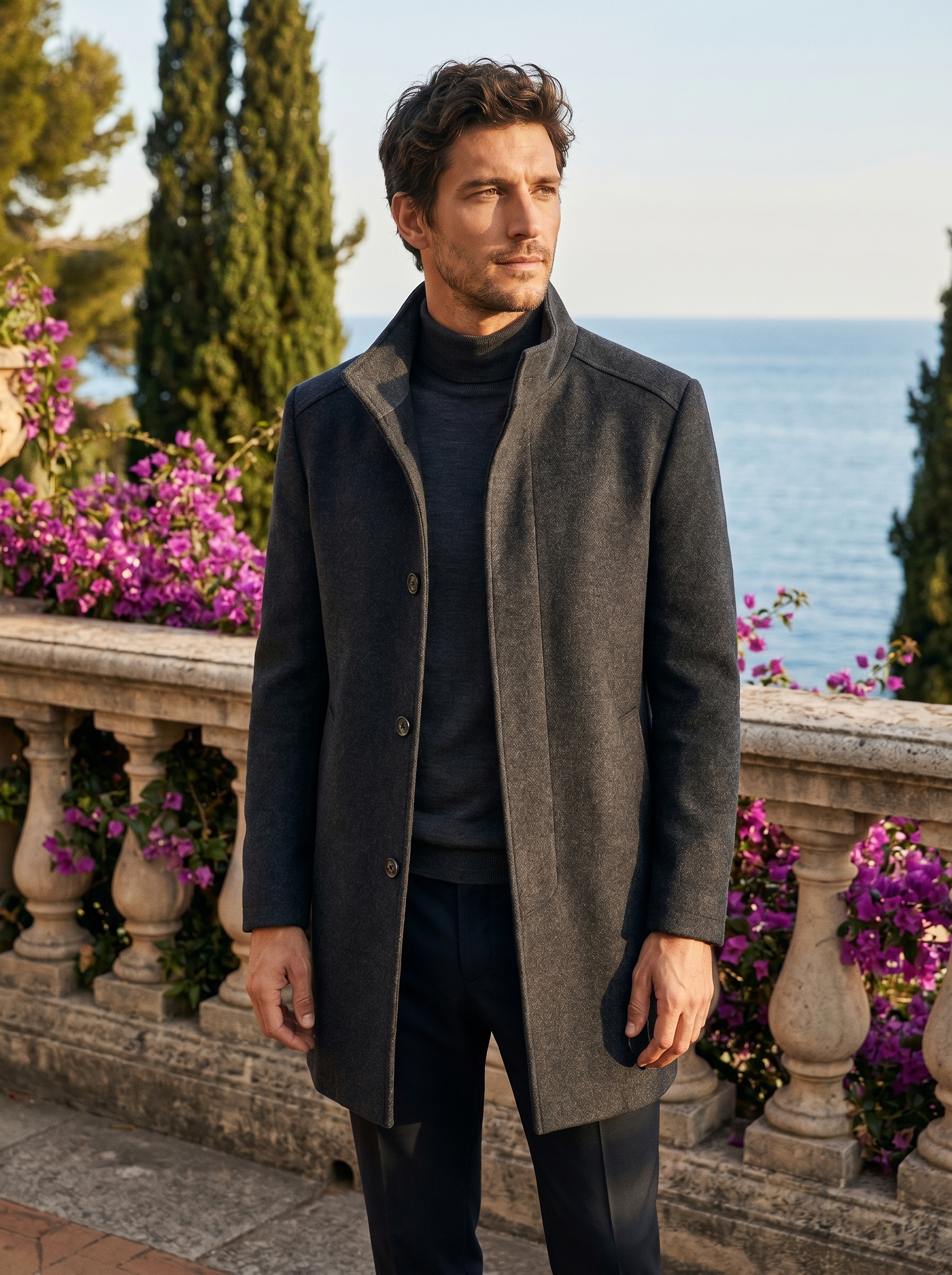 Dark gray overcoat with removable gilet for men, worn on a Lake Como terrace — Aveloire