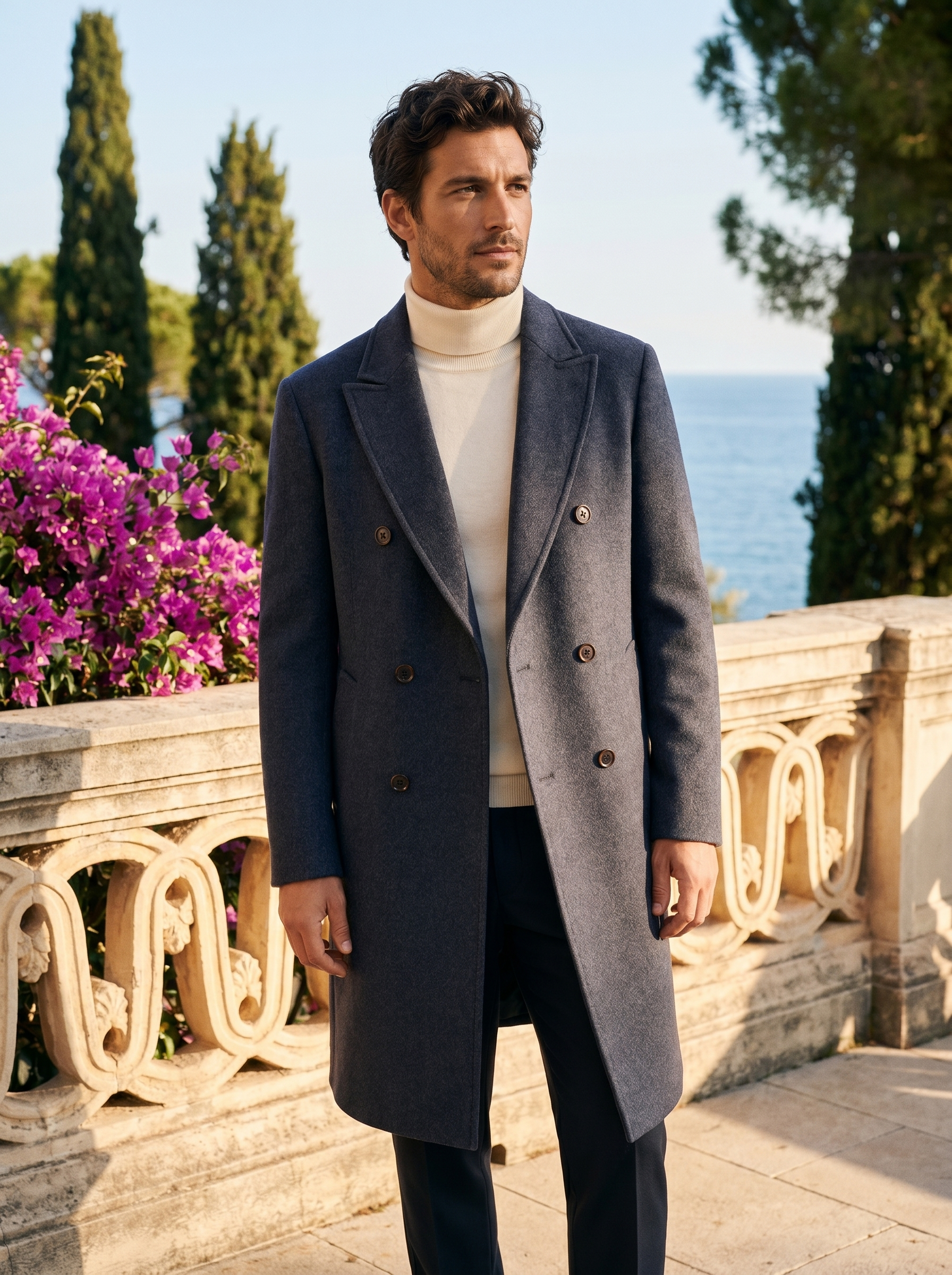 Navy double breasted wool coat for men, worn on a Lake Como terrace — Aveloire