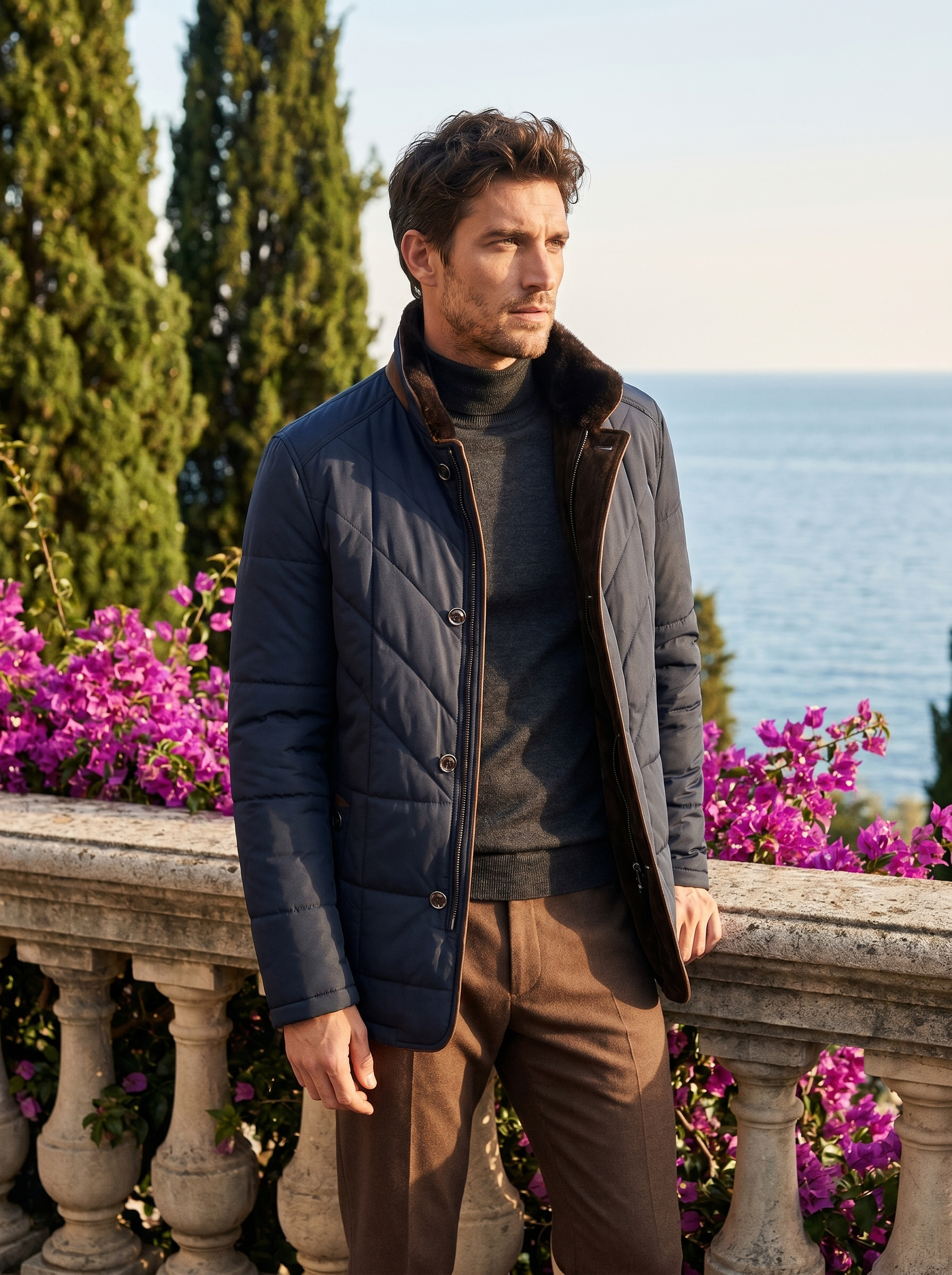 Navy quilted coat for men, worn on a Lake Como terrace — Aveloire