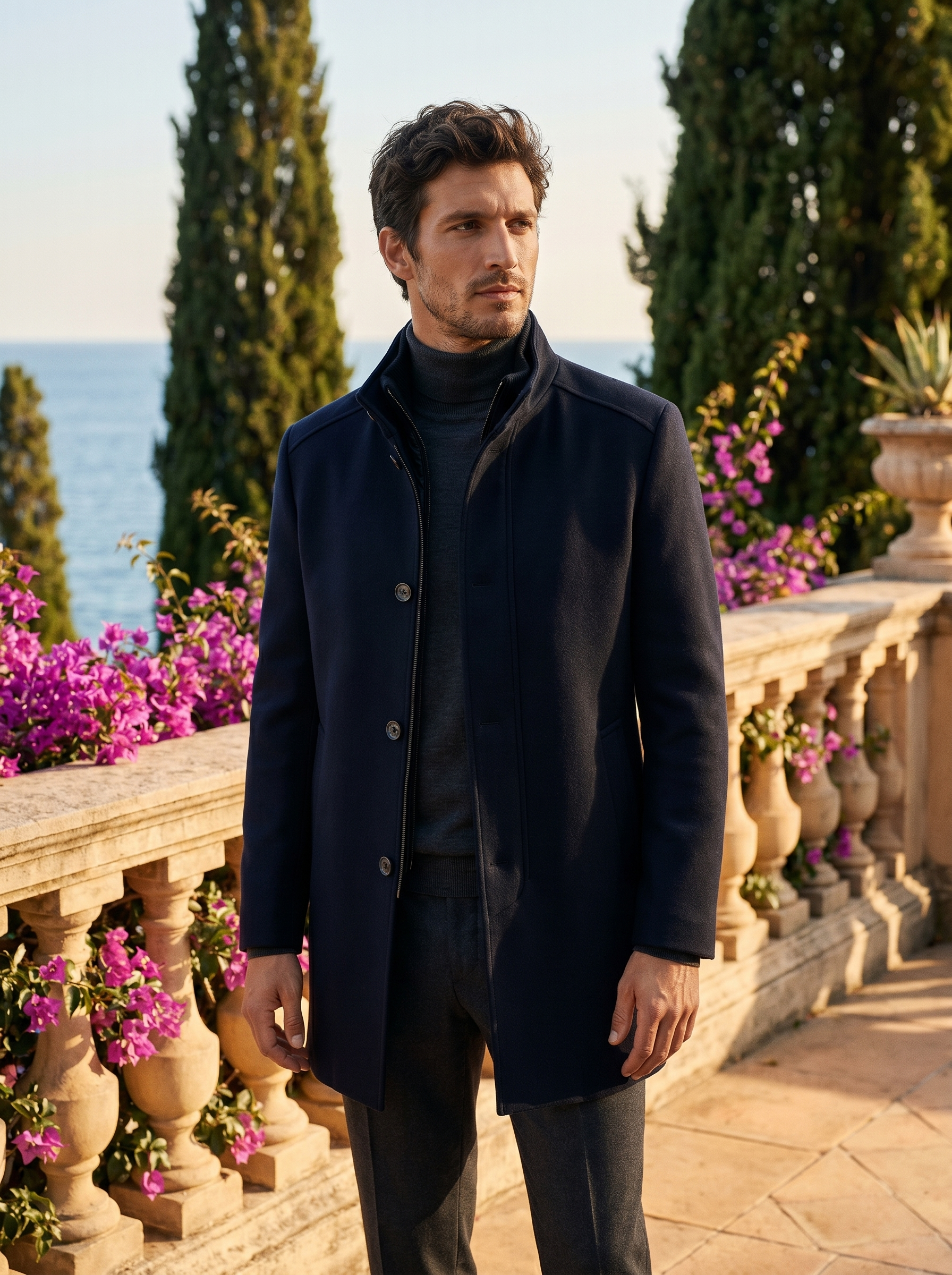 Navy overcoat with removable gilet for men, worn on a Lake Como terrace — Aveloire