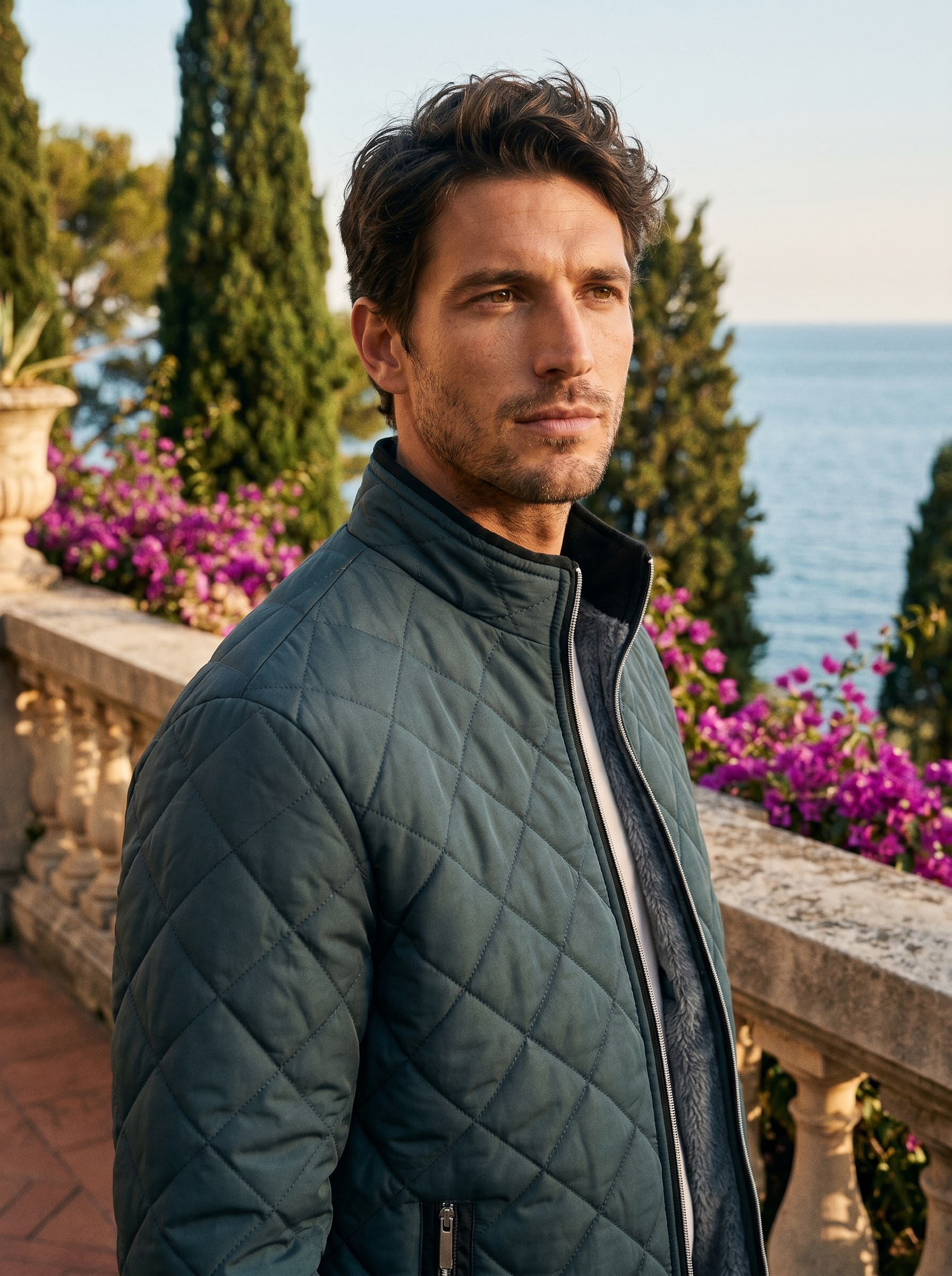 Deep teal fleece lined quilted jacket for men, worn on a Lake Como terrace — Aveloire
