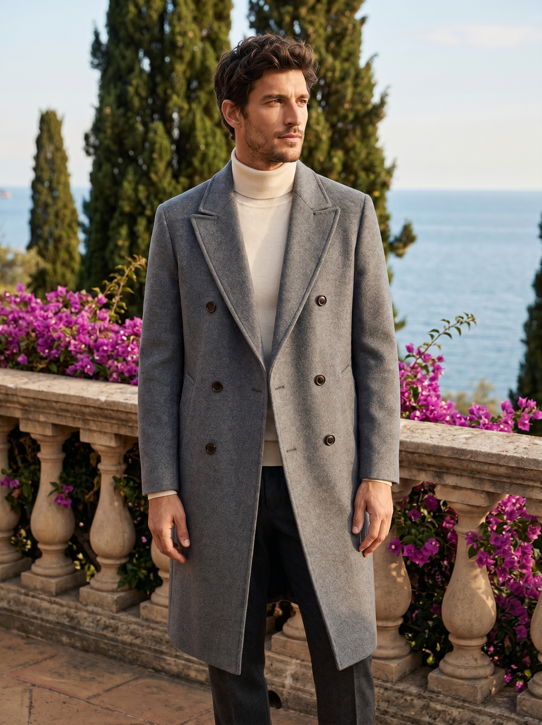 Light gray double breasted wool coat for men, worn on a Lake Como terrace — Aveloire