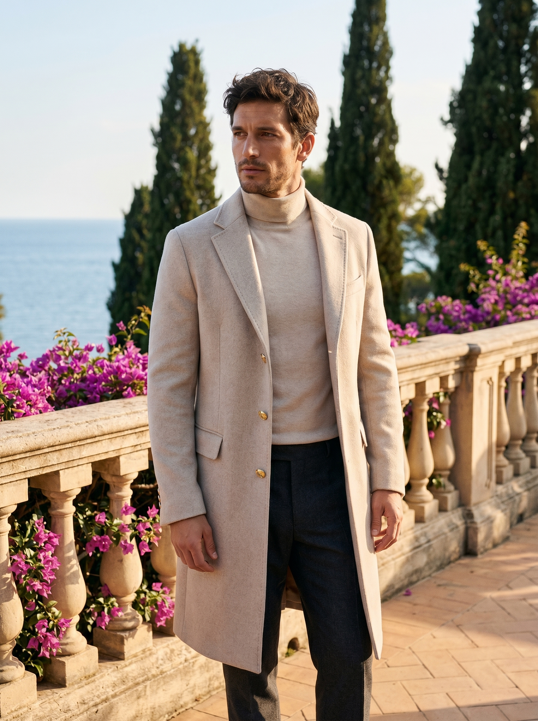 Light gray single breasted overcoat for men, worn on a Lake Como terrace — Aveloire