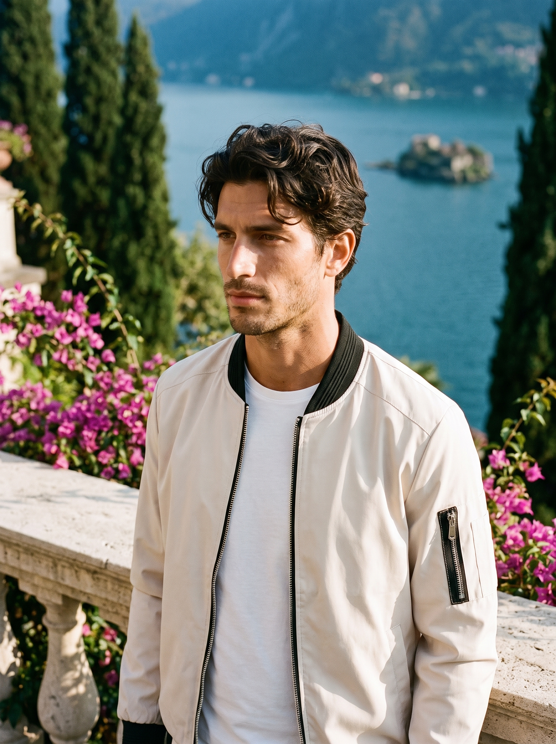Man wearing a white bomber jacket on a terrace overlooking Lake Como, old money style — Aveloire