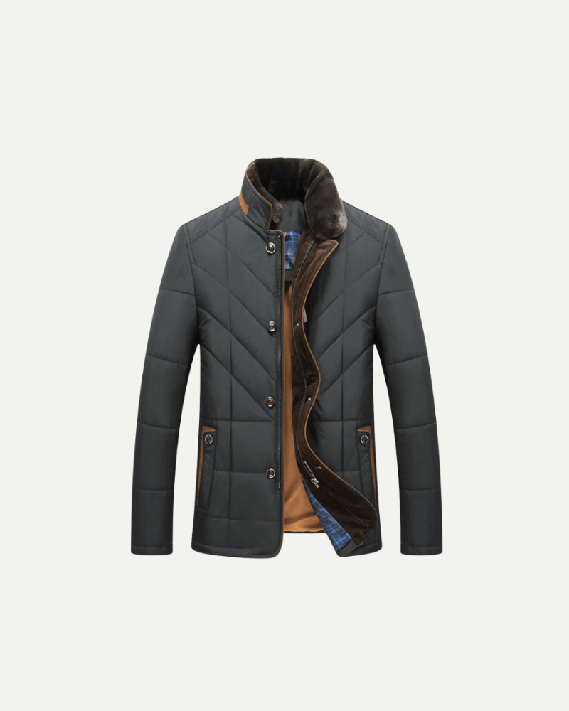 Dark gray corduroy collar quilted coat for men, product shot shown open with the lining — Aveloire