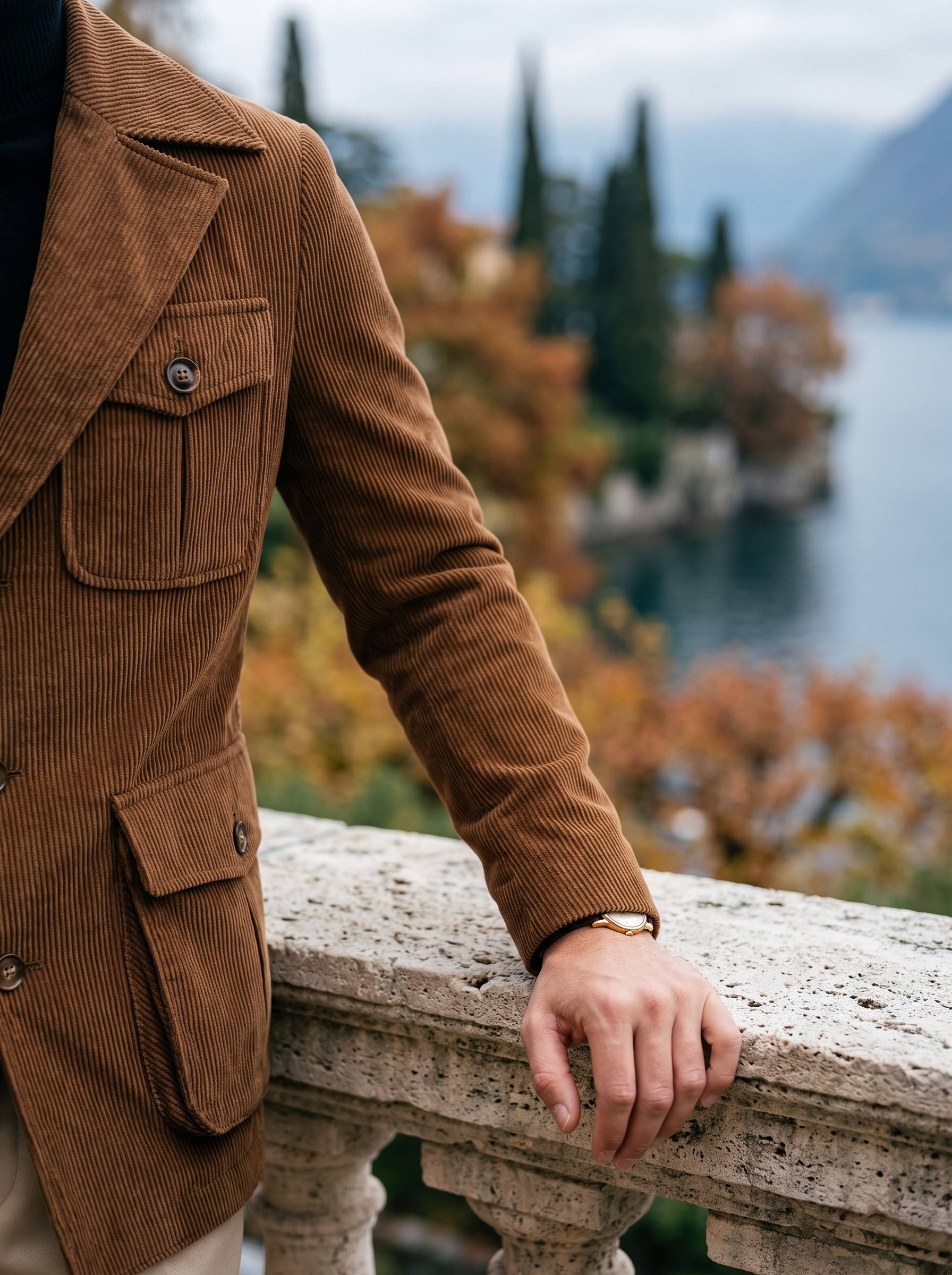 Close-up of the fine wale corduroy texture on the brown jacket — Aveloire