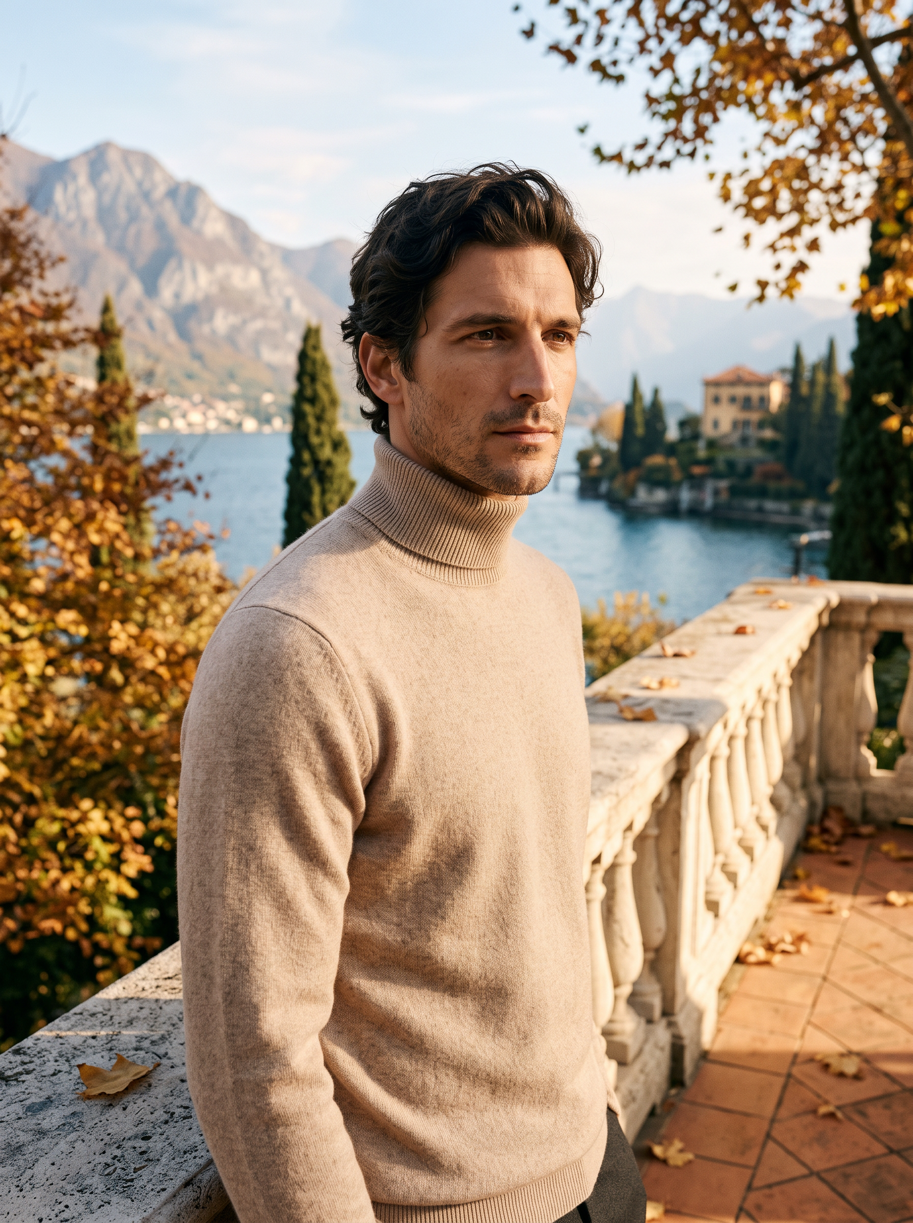 Man wearing a beige pure wool turtleneck sweater by Lake Como — Aveloire