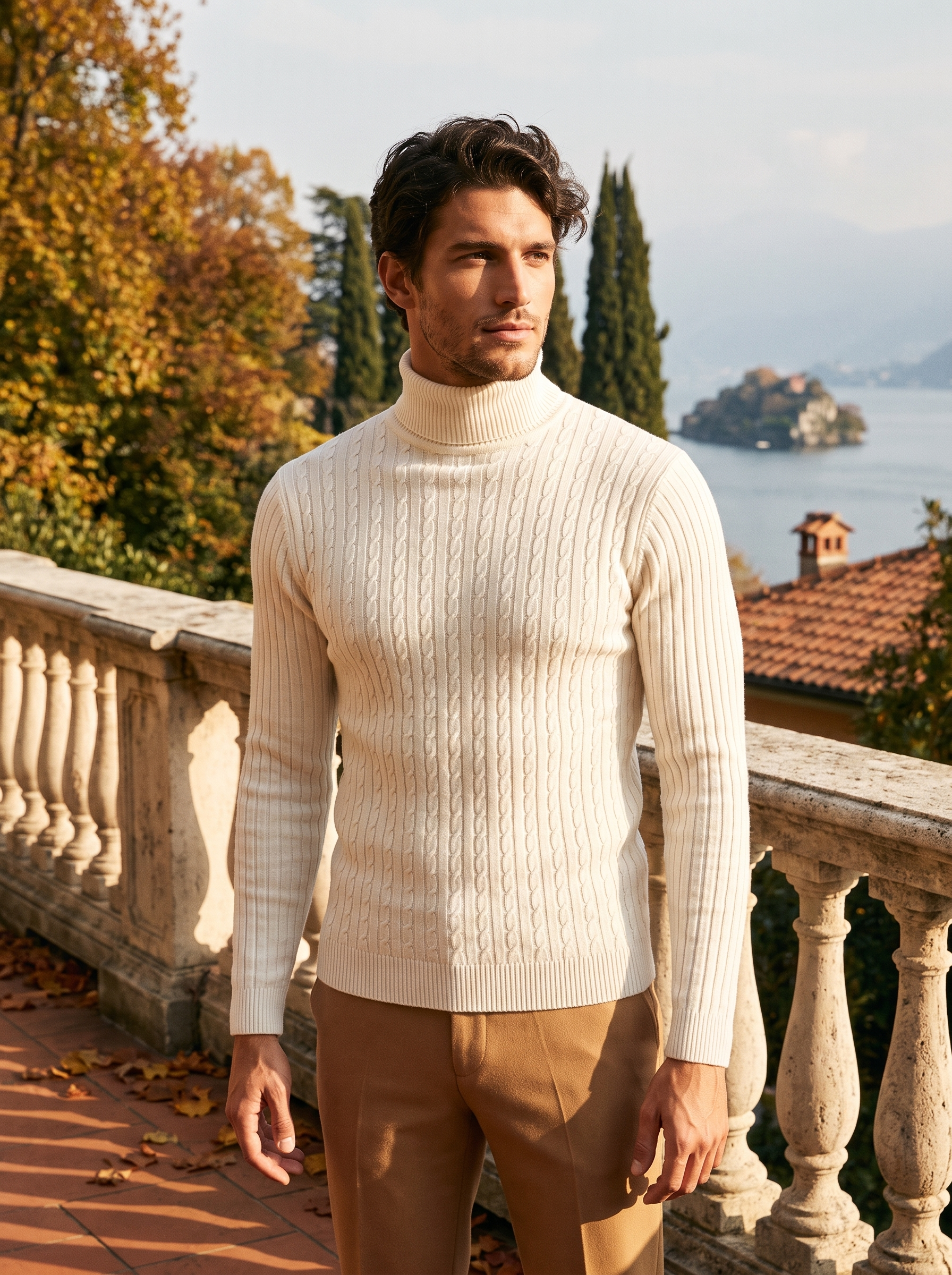 Man wearing a cream cable knit turtleneck sweater by the lake — Aveloire