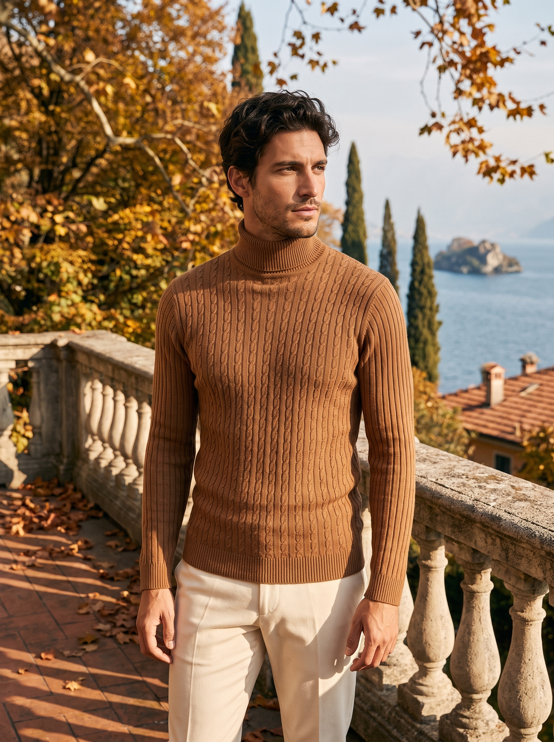 Man wearing a brown cable knit turtleneck sweater by the lake — Aveloire