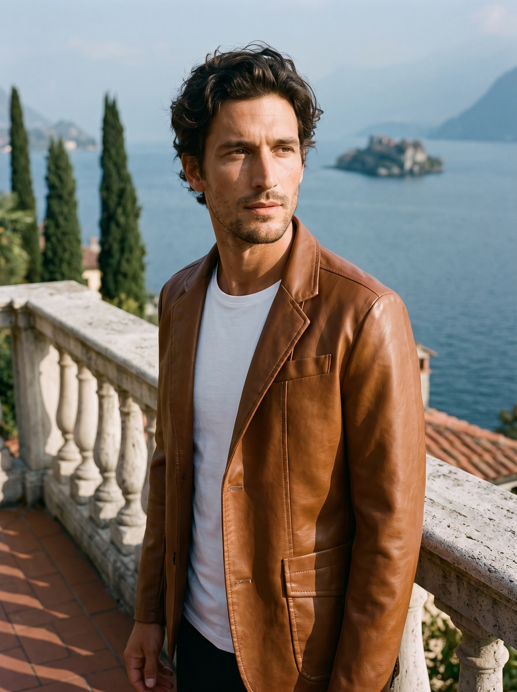 Cognac leather blazer jacket for men, worn on a Lake Como terrace — Aveloire