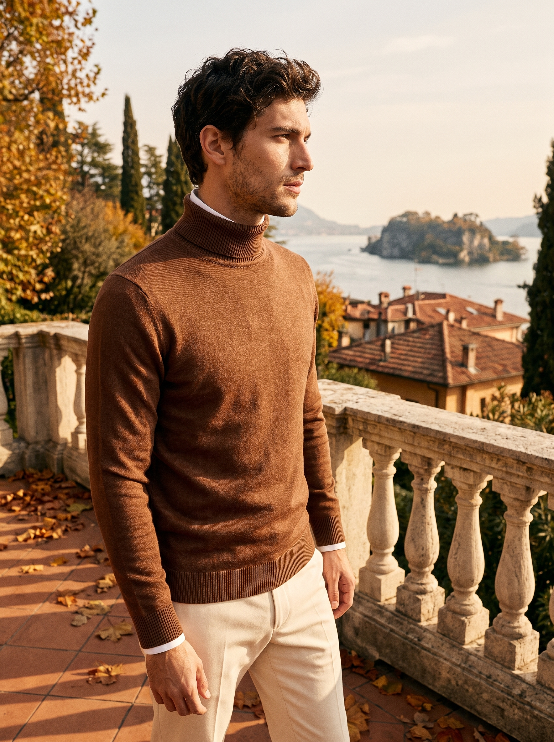 Man wearing a brown wool turtleneck sweater by Lake Como - Aveloire