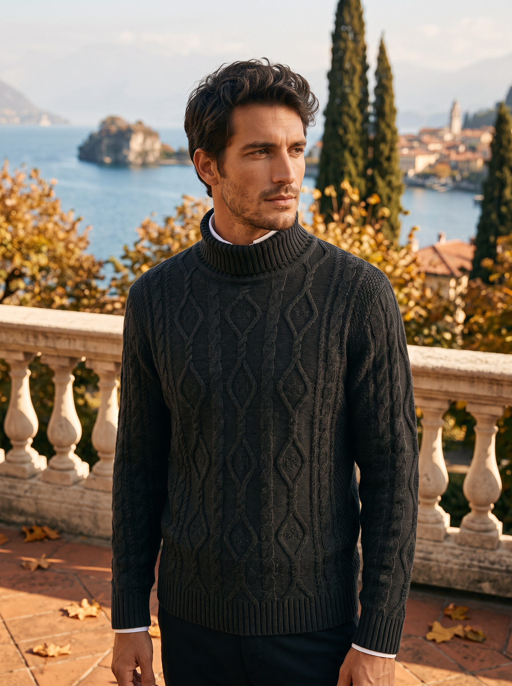 Man wearing a dark gray diamond cable knit turtleneck sweater by Lake Como — Aveloire