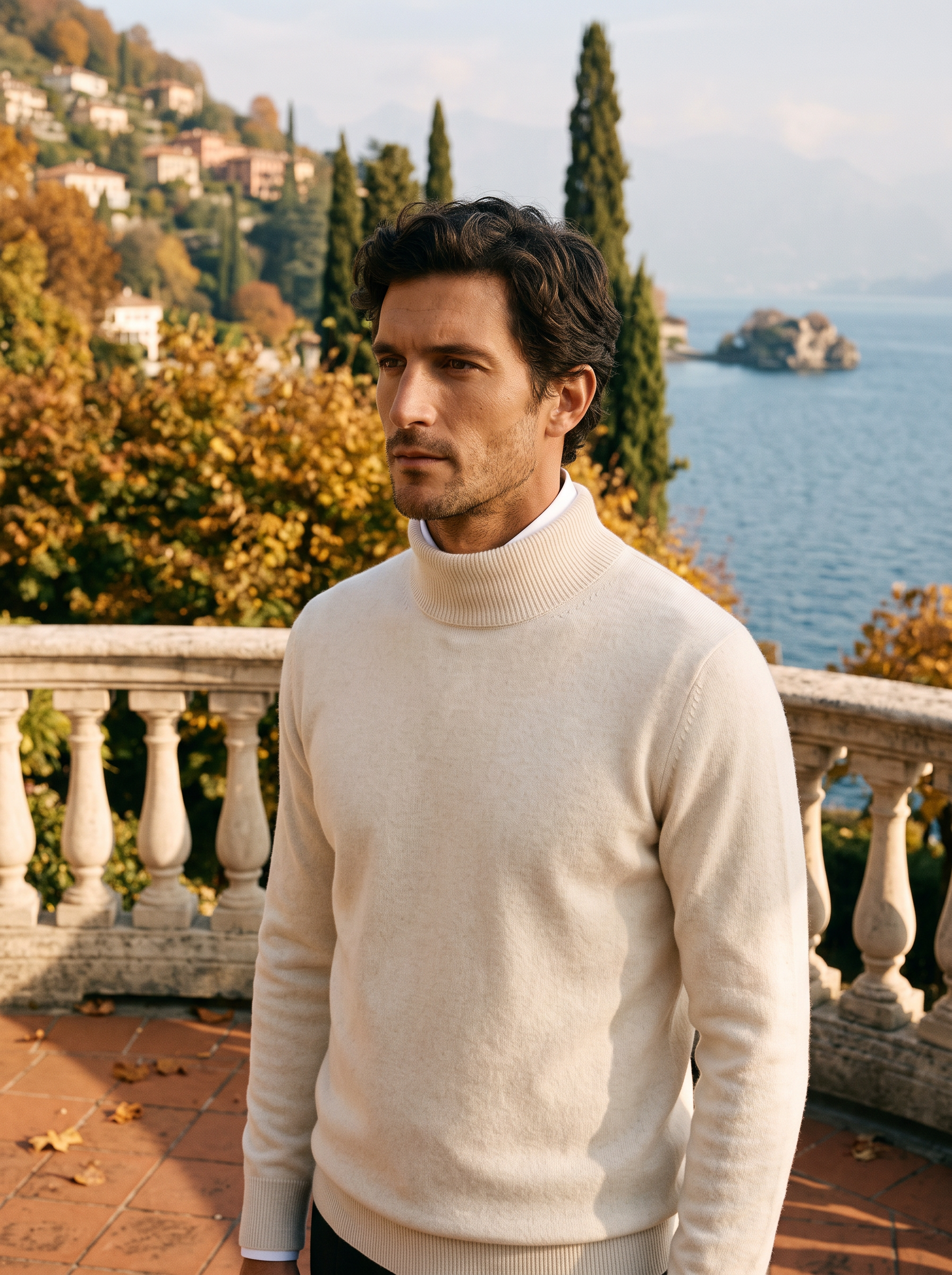 Man wearing a cream pure wool turtleneck sweater by Lake Como — Aveloire