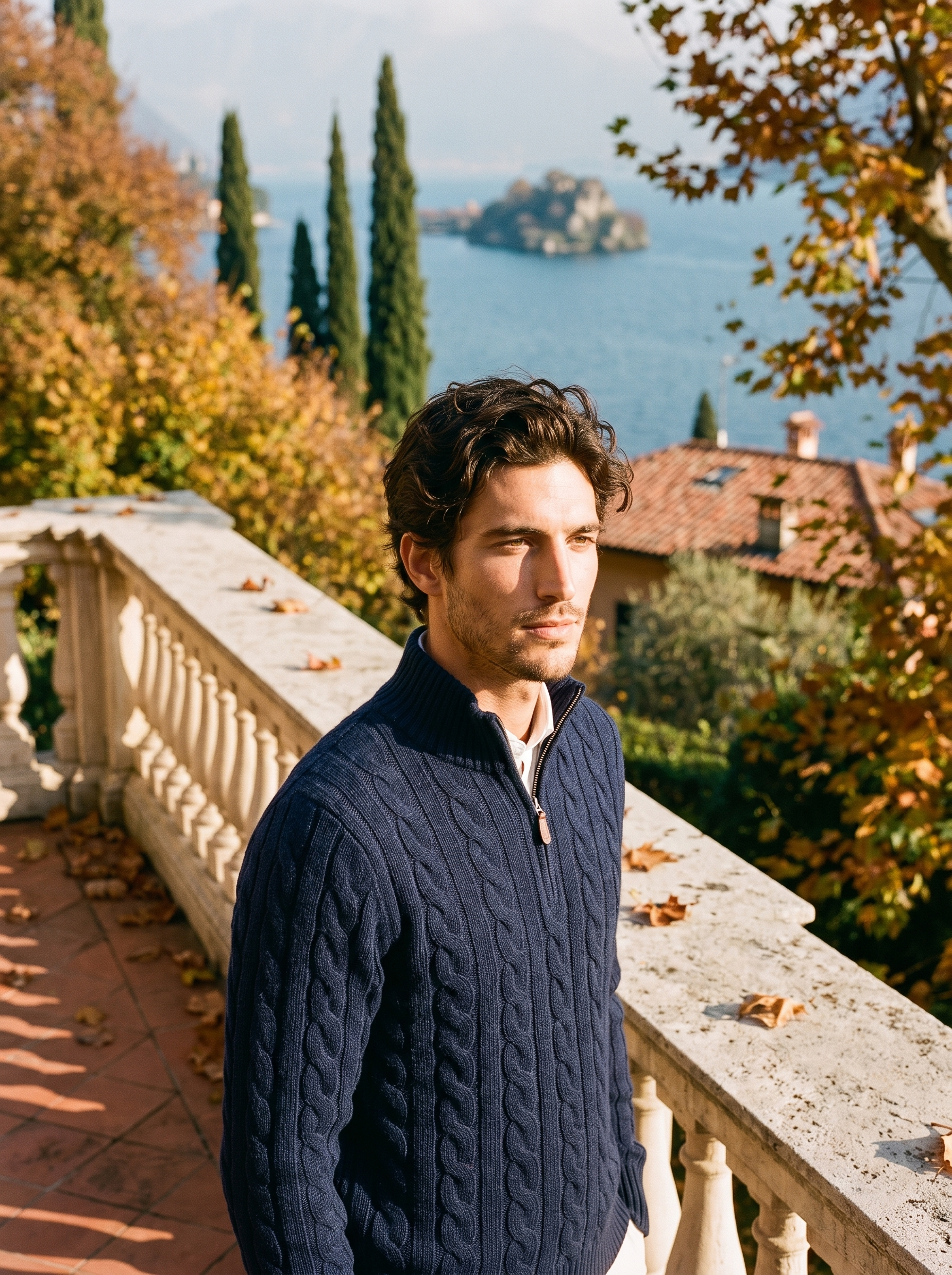 Man wearing a navy wool quarter zip mock neck sweater by Lake Como — Aveloire