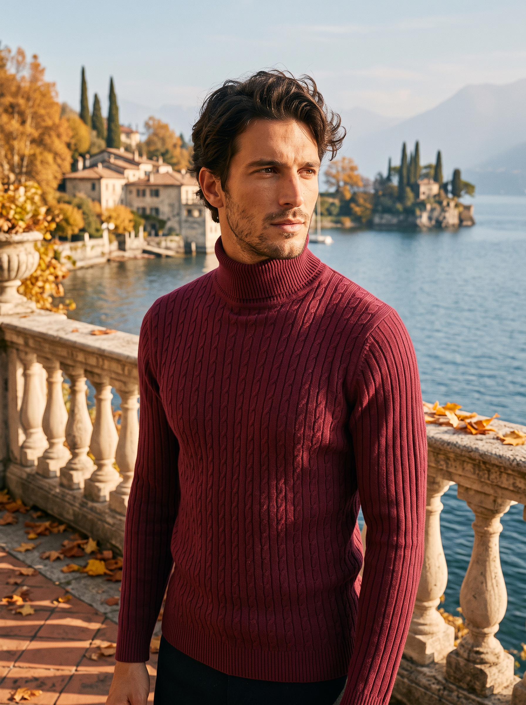 Man wearing a burgundy cable knit turtleneck sweater by the lake — Aveloire