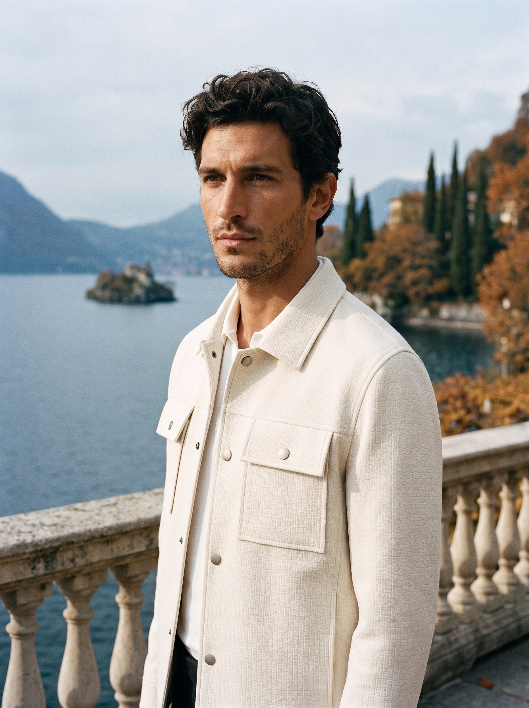 Cream shirt jacket for men, worn on a Lake Como terrace — Aveloire