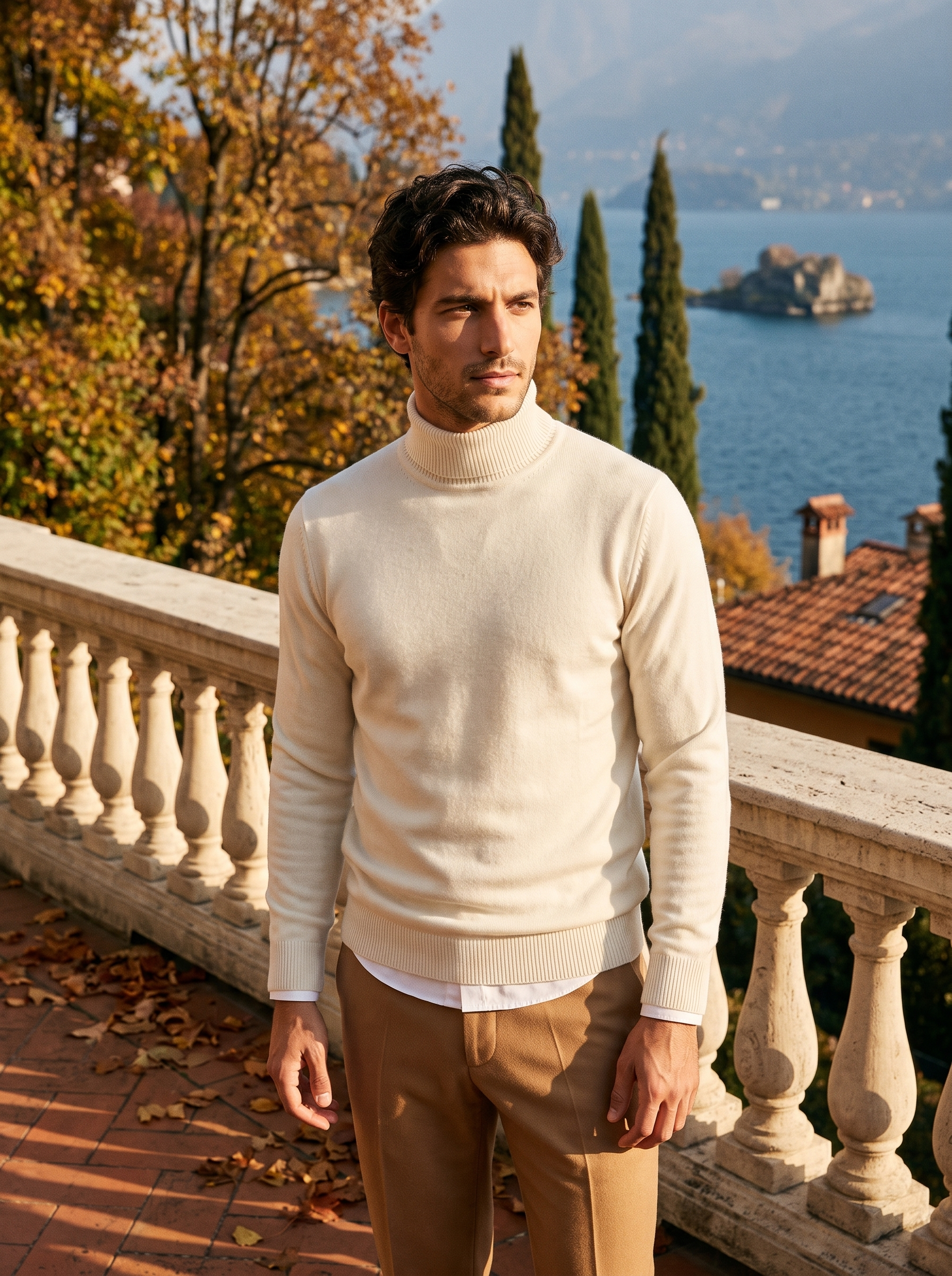 Man wearing a cream wool turtleneck sweater by Lake Como - Aveloire