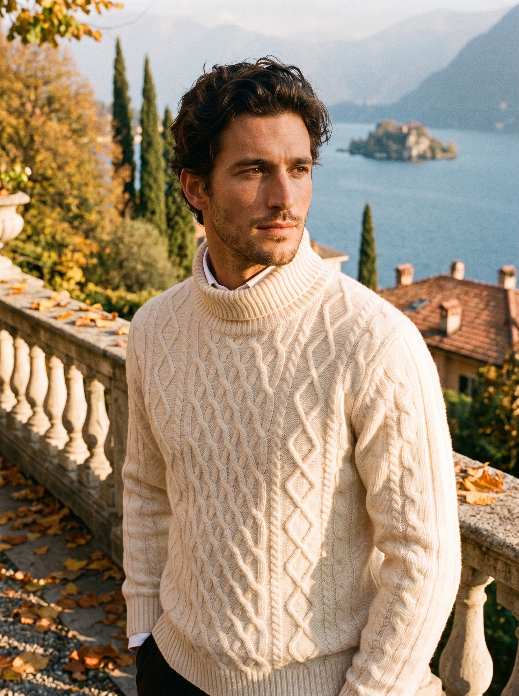 Man wearing a cream wool cable knit turtleneck sweater by Lake Como — Aveloire