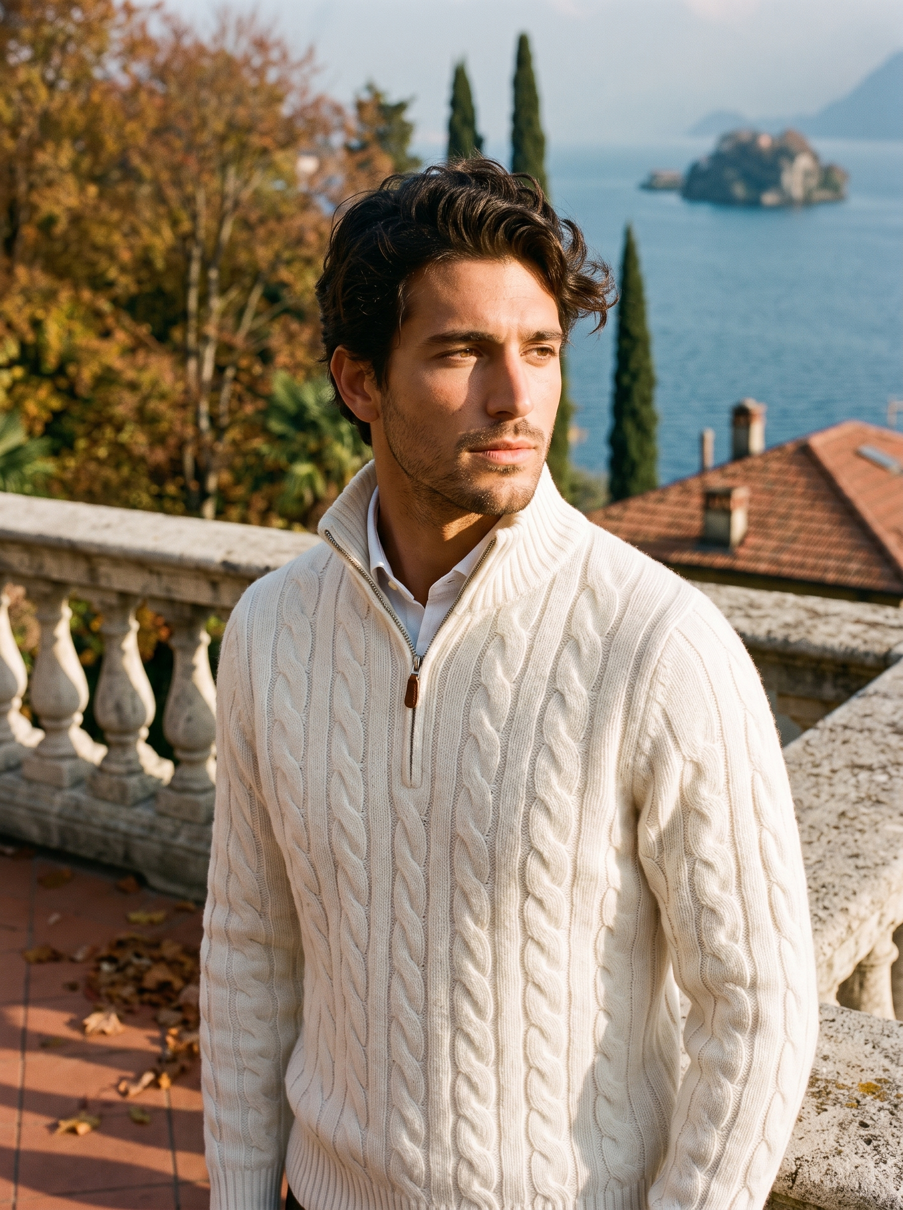 Man wearing a cream wool quarter zip mock neck sweater by Lake Como — Aveloire