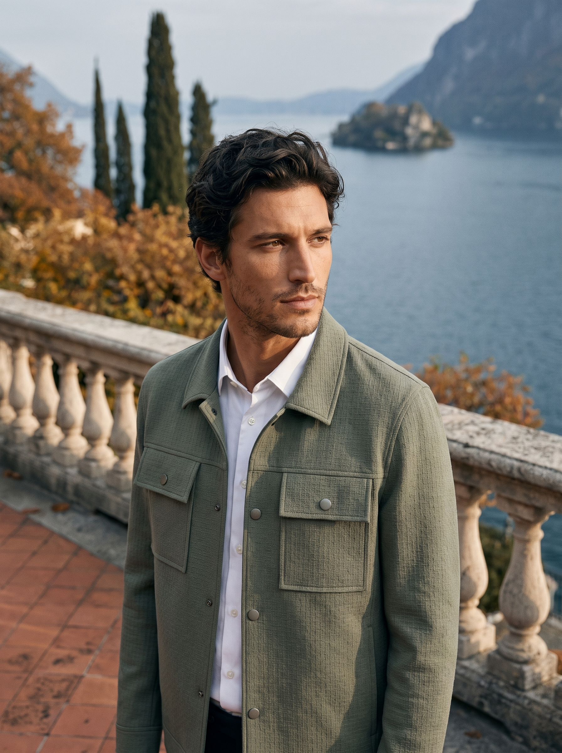 Olive shirt jacket for men, worn on a Lake Como terrace — Aveloire