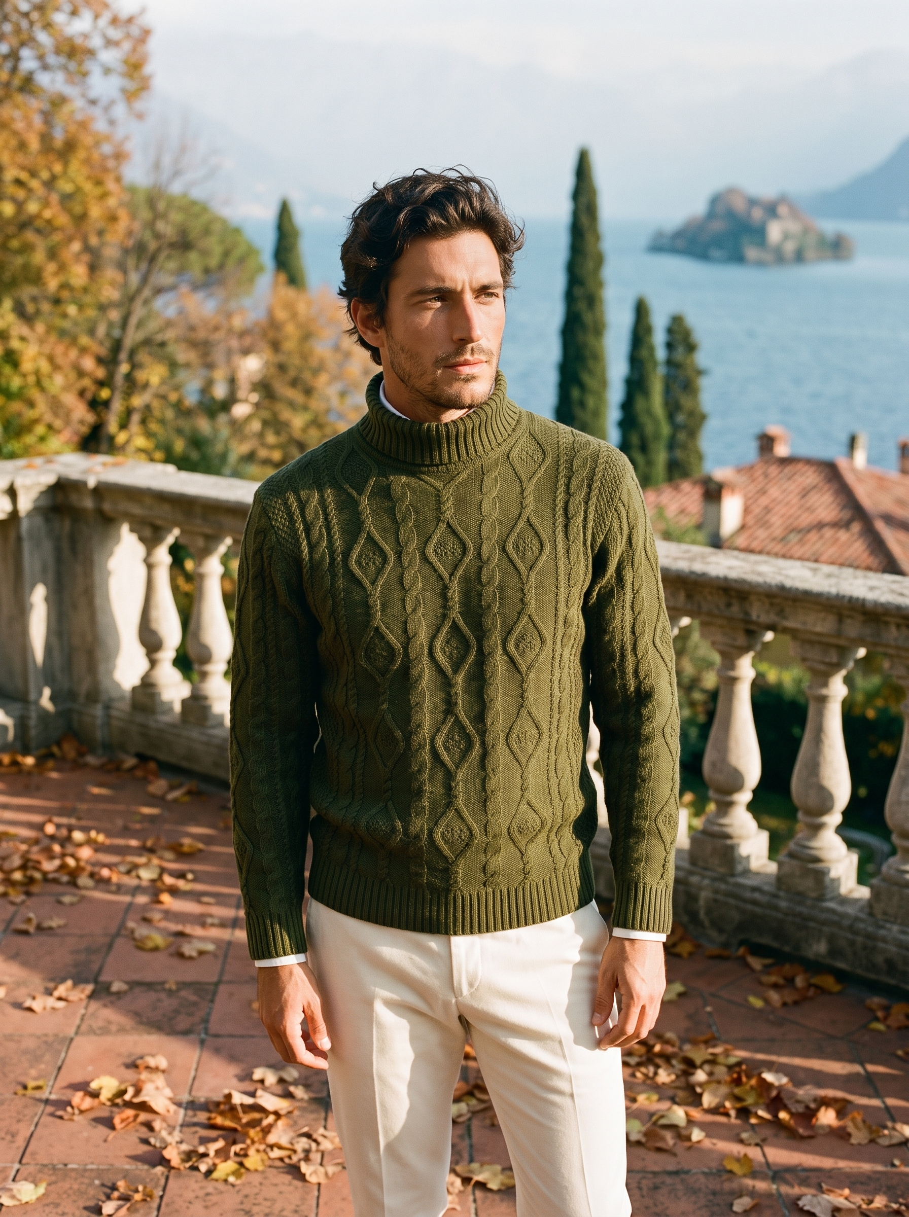 Man wearing an olive diamond cable knit turtleneck sweater by Lake Como — Aveloire