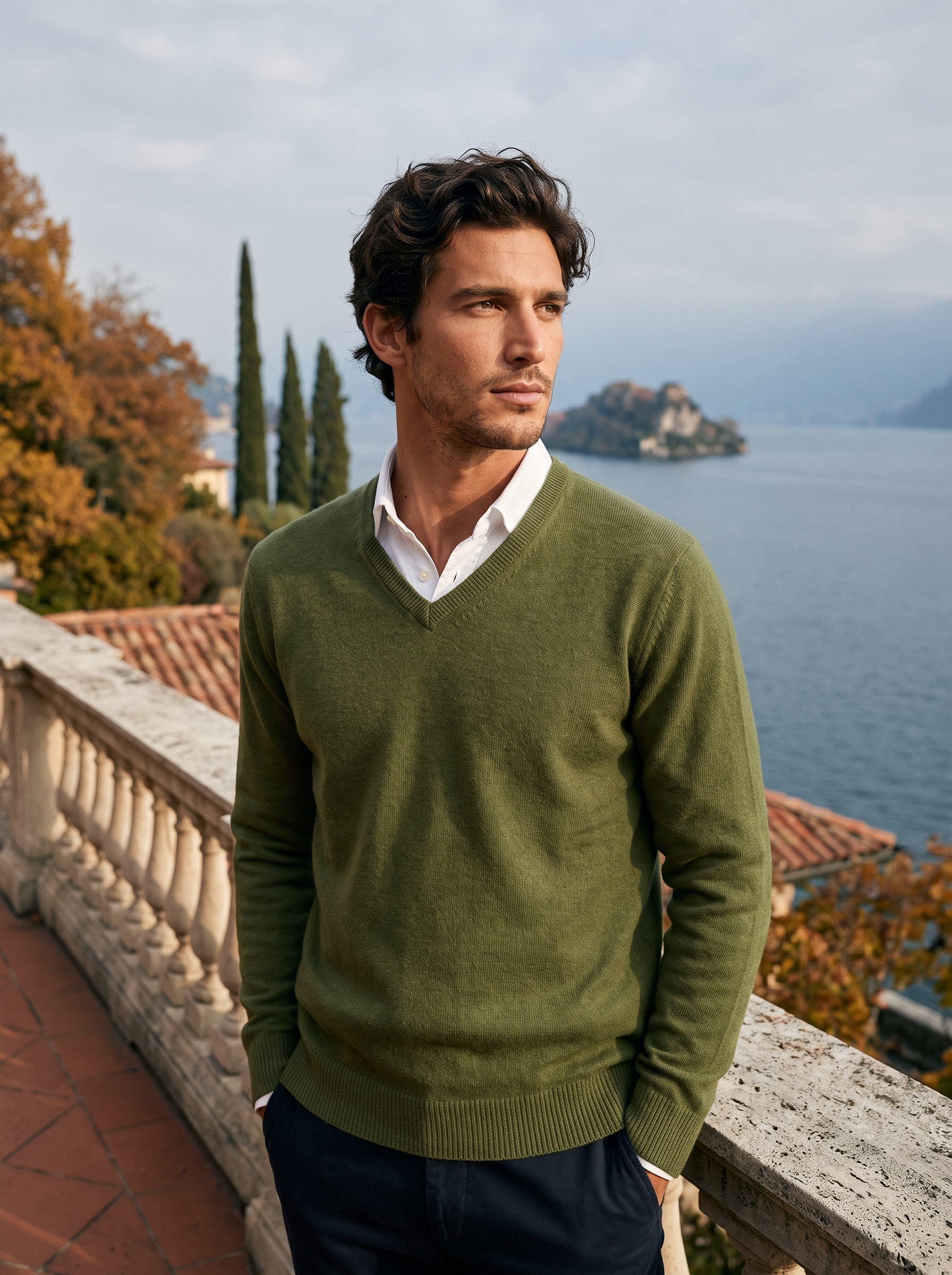 Olive wool v neck sweater for men, worn on a Lake Como terrace — Aveloire