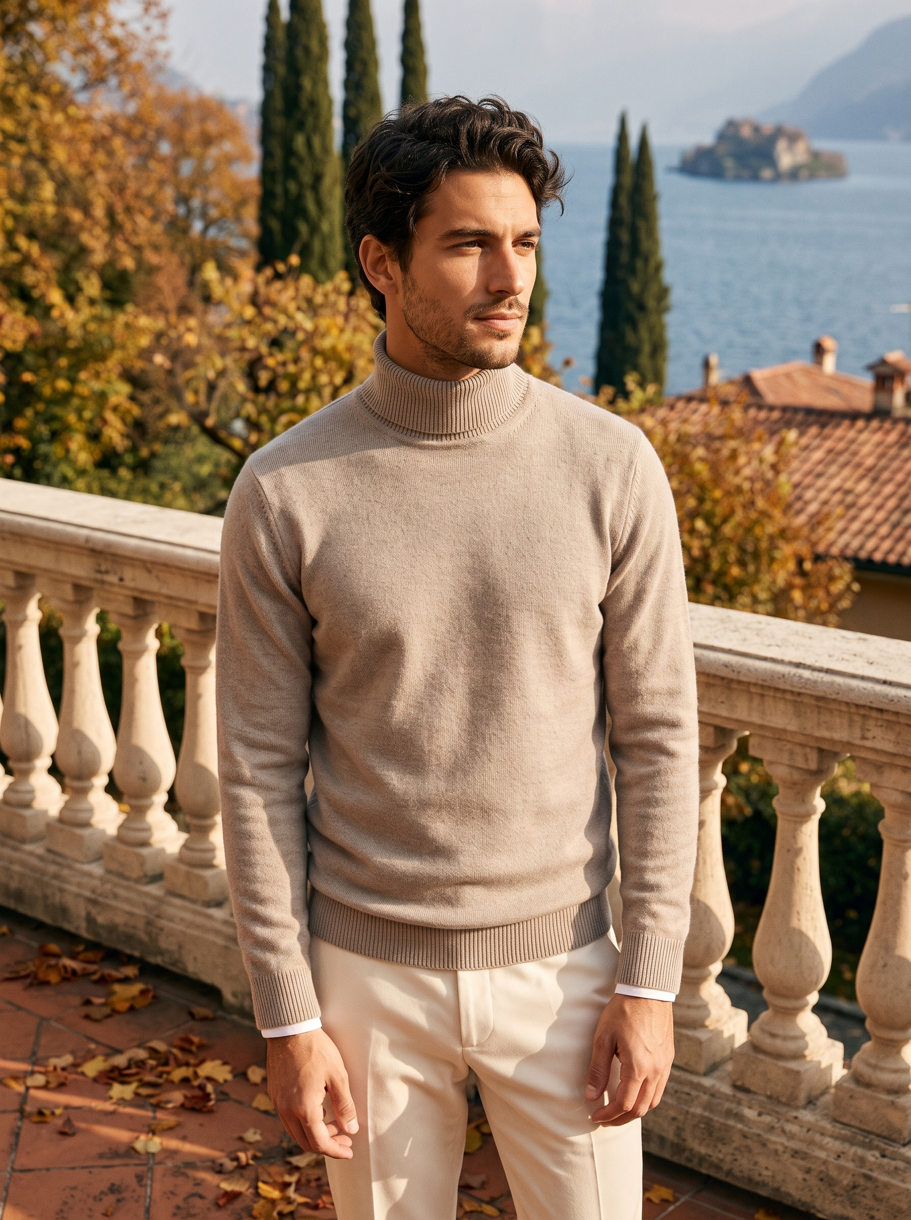 Man wearing a sand beige wool turtleneck sweater by Lake Como - Aveloire