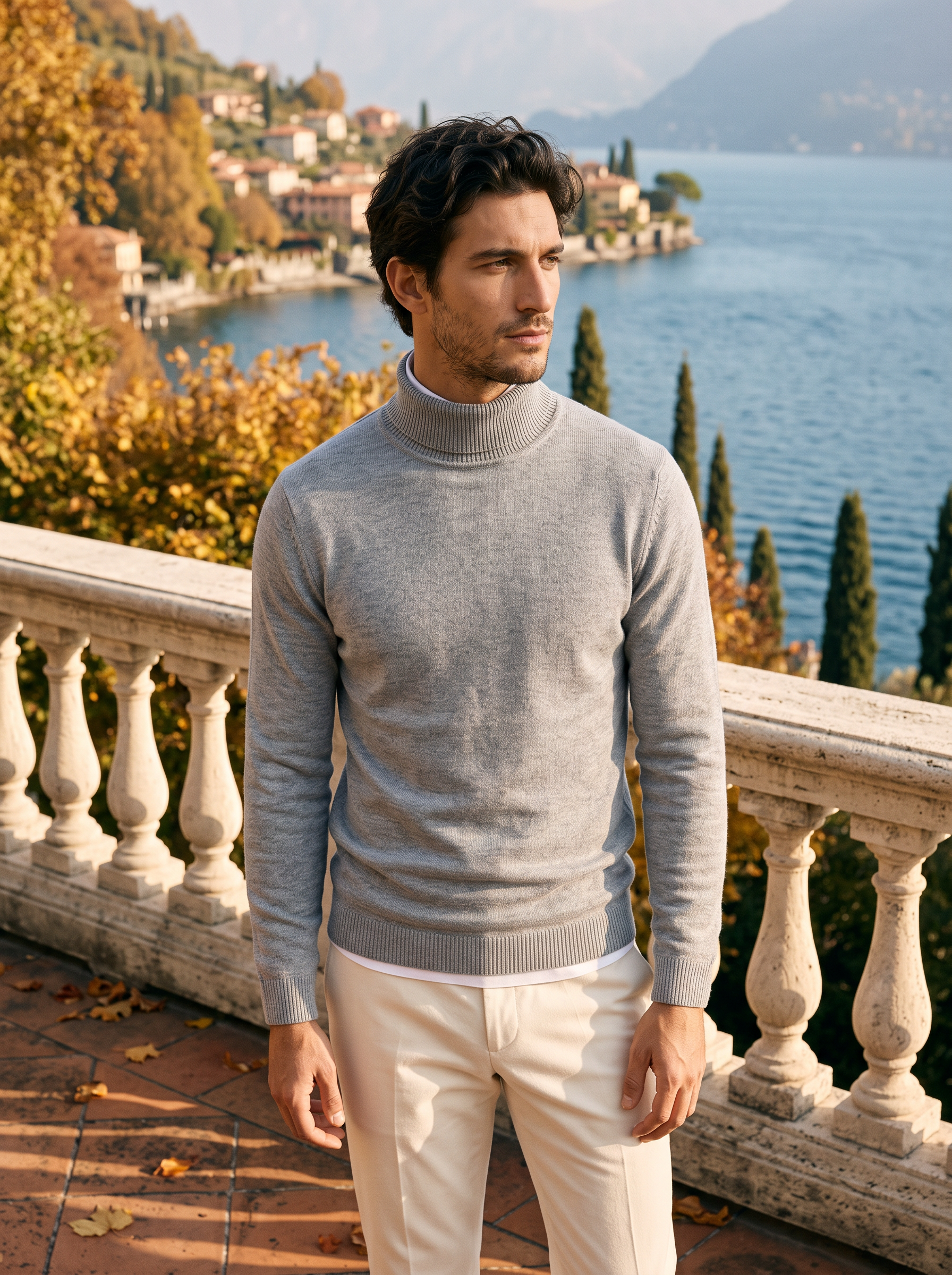 Man wearing a light gray wool turtleneck sweater by Lake Como — Aveloire