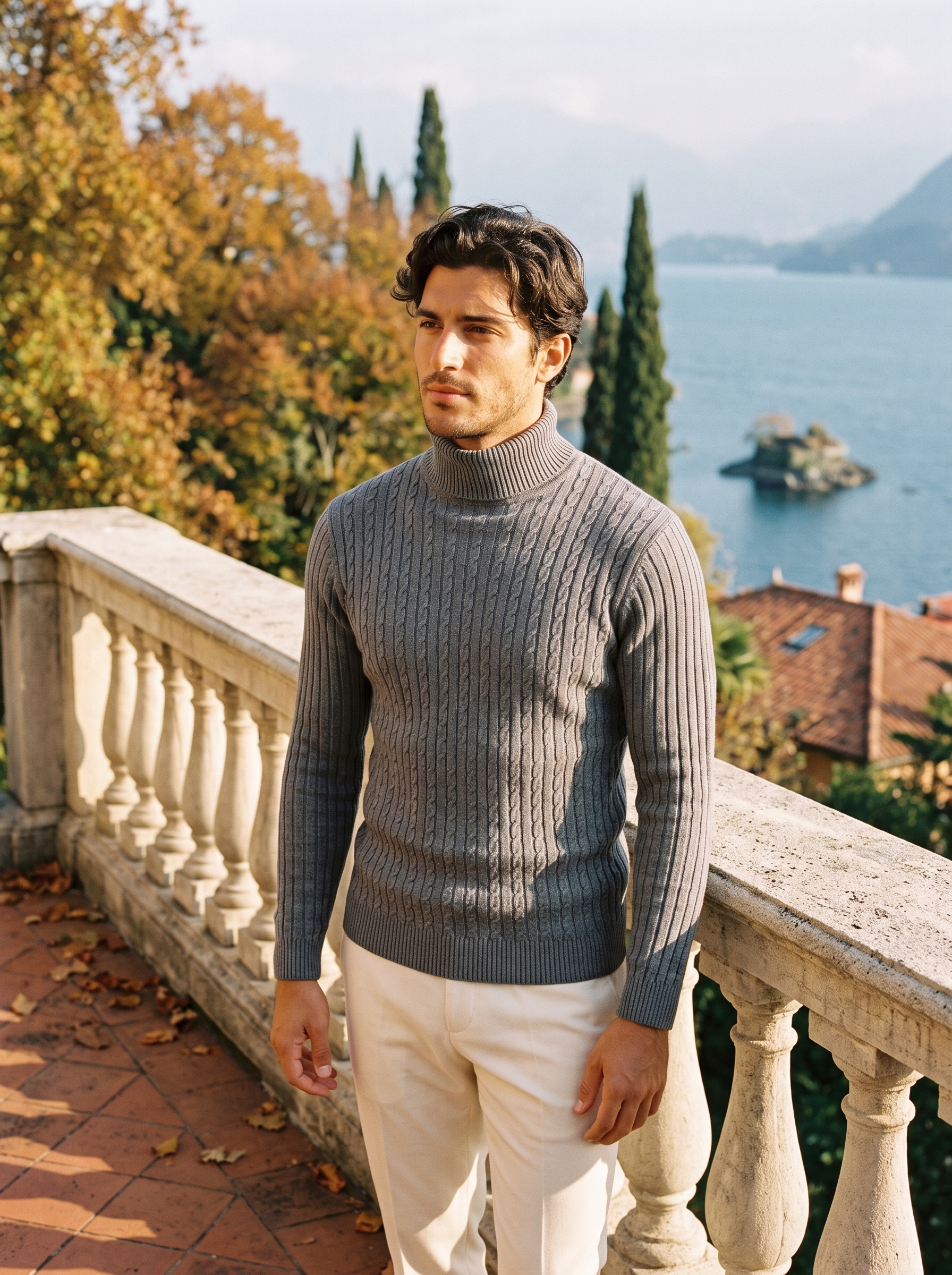 Man wearing a gray cable knit turtleneck sweater by the lake — Aveloire