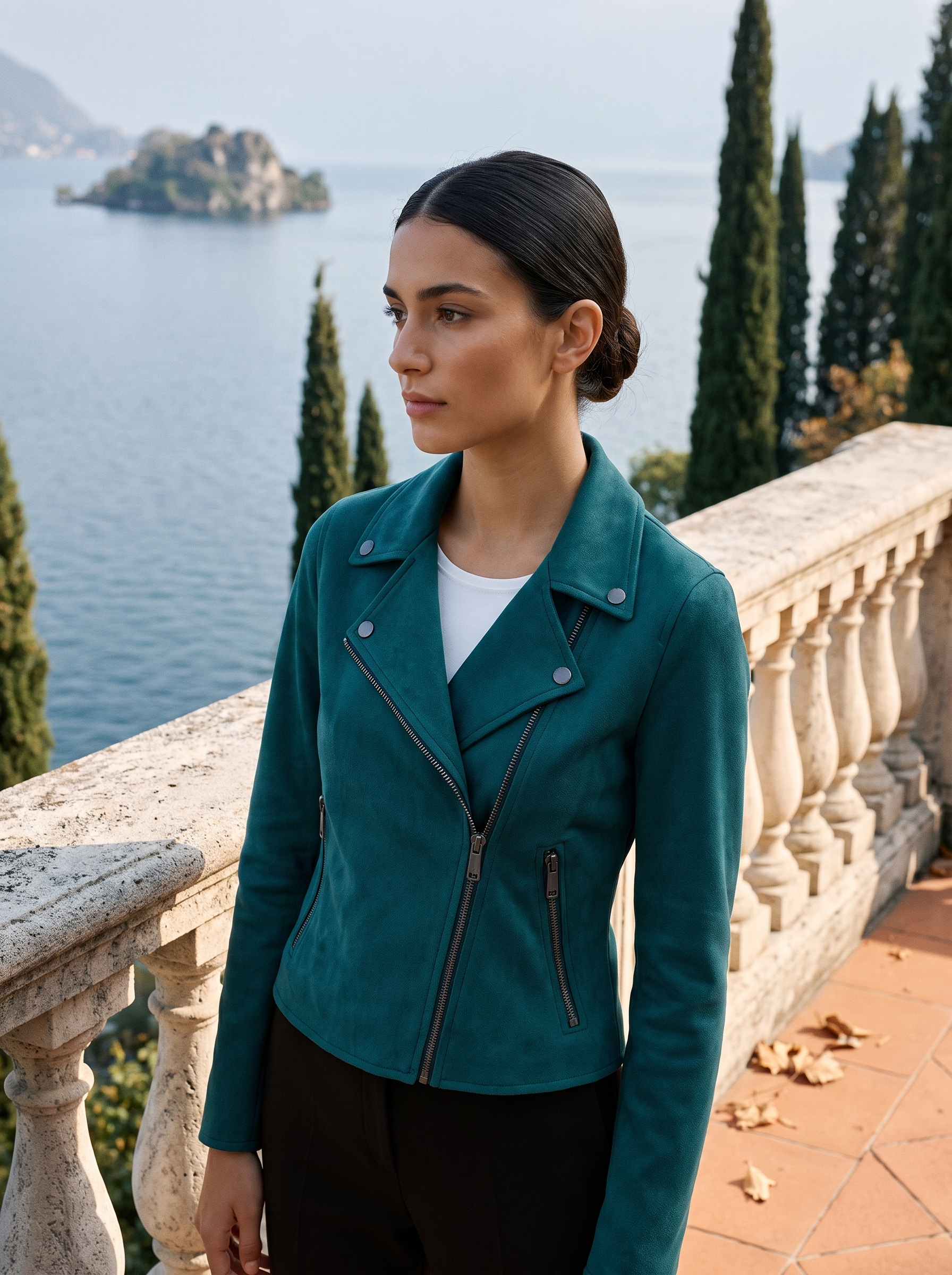 Teal suede jacket for women, cropped moto biker worn on a Lake Como terrace — Aveloire