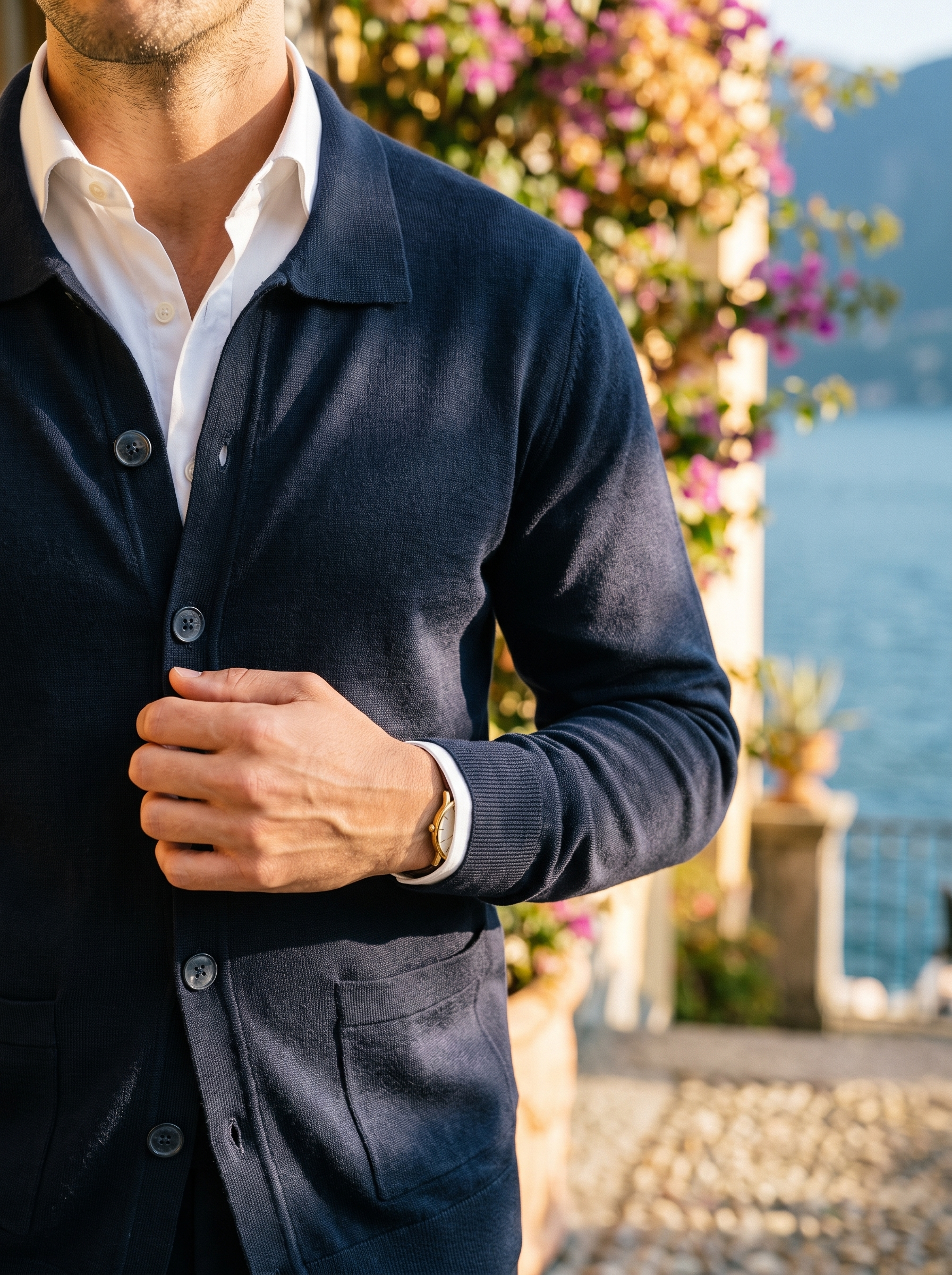 Shirt collar, buttons and patch pocket detail of a navy fine-knit cardigan — Aveloire