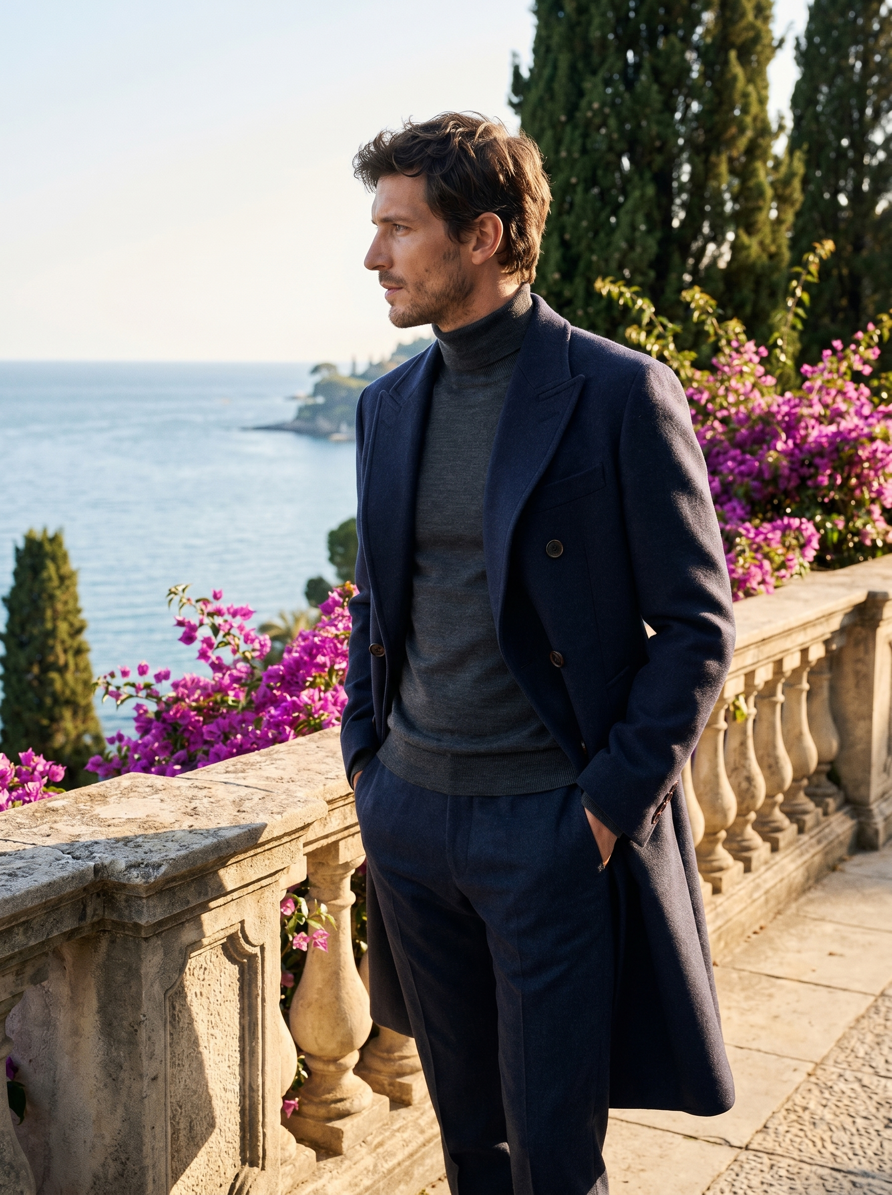Navy double breasted wool coat for men, side profile view — Aveloire