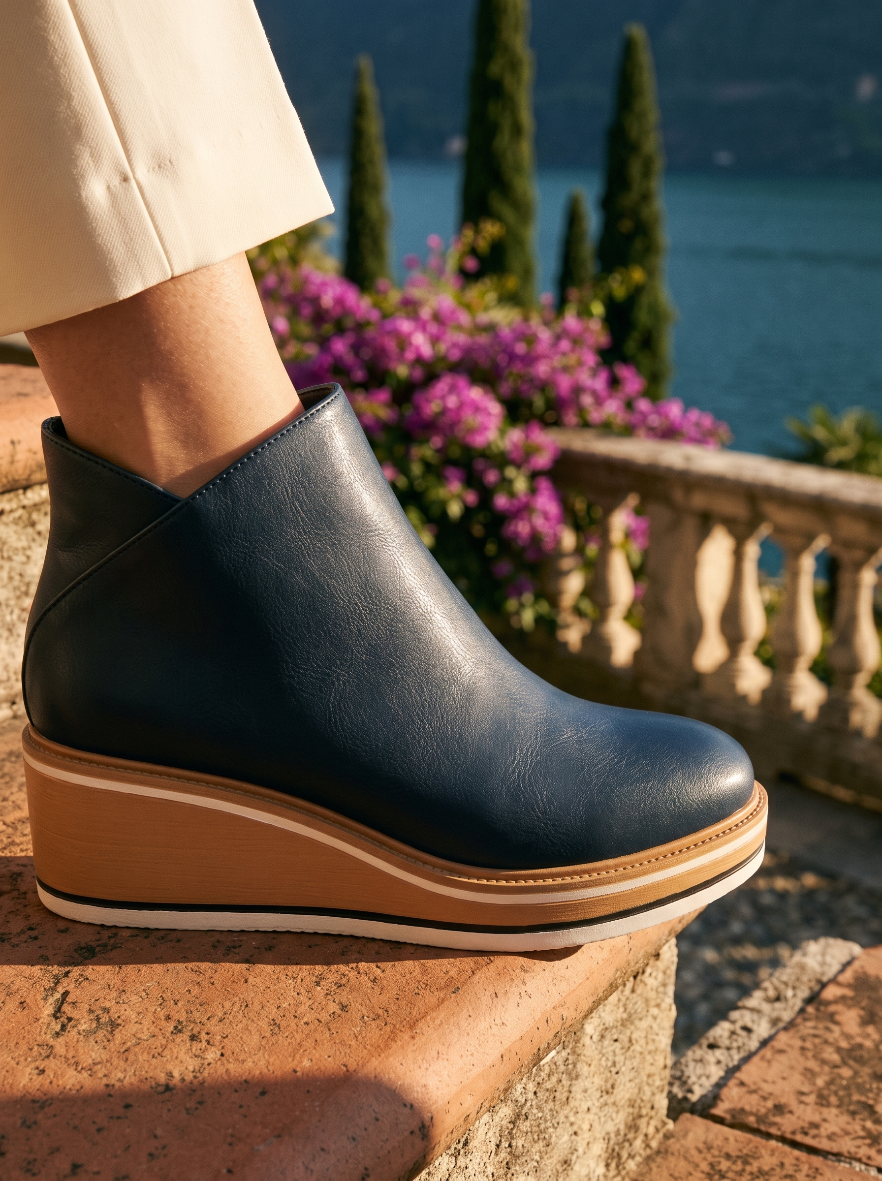 Detail of the layered wedge sole and contrast ivory band on a navy ankle boot — Aveloire
