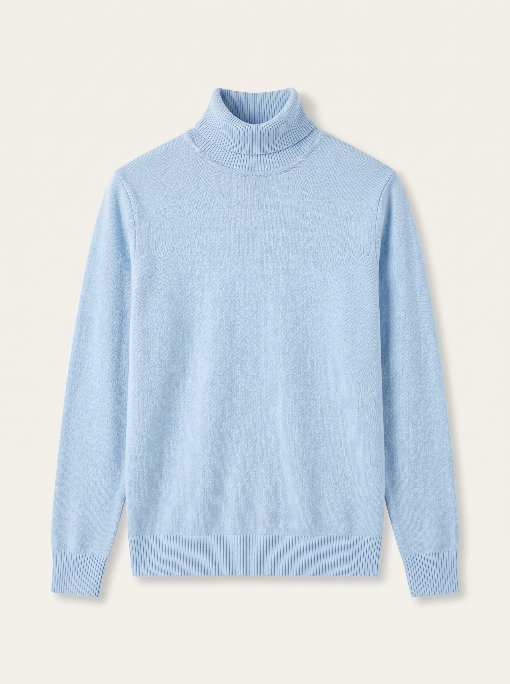 Misty blue wool turtleneck sweater flat lay product photo - Aveloire