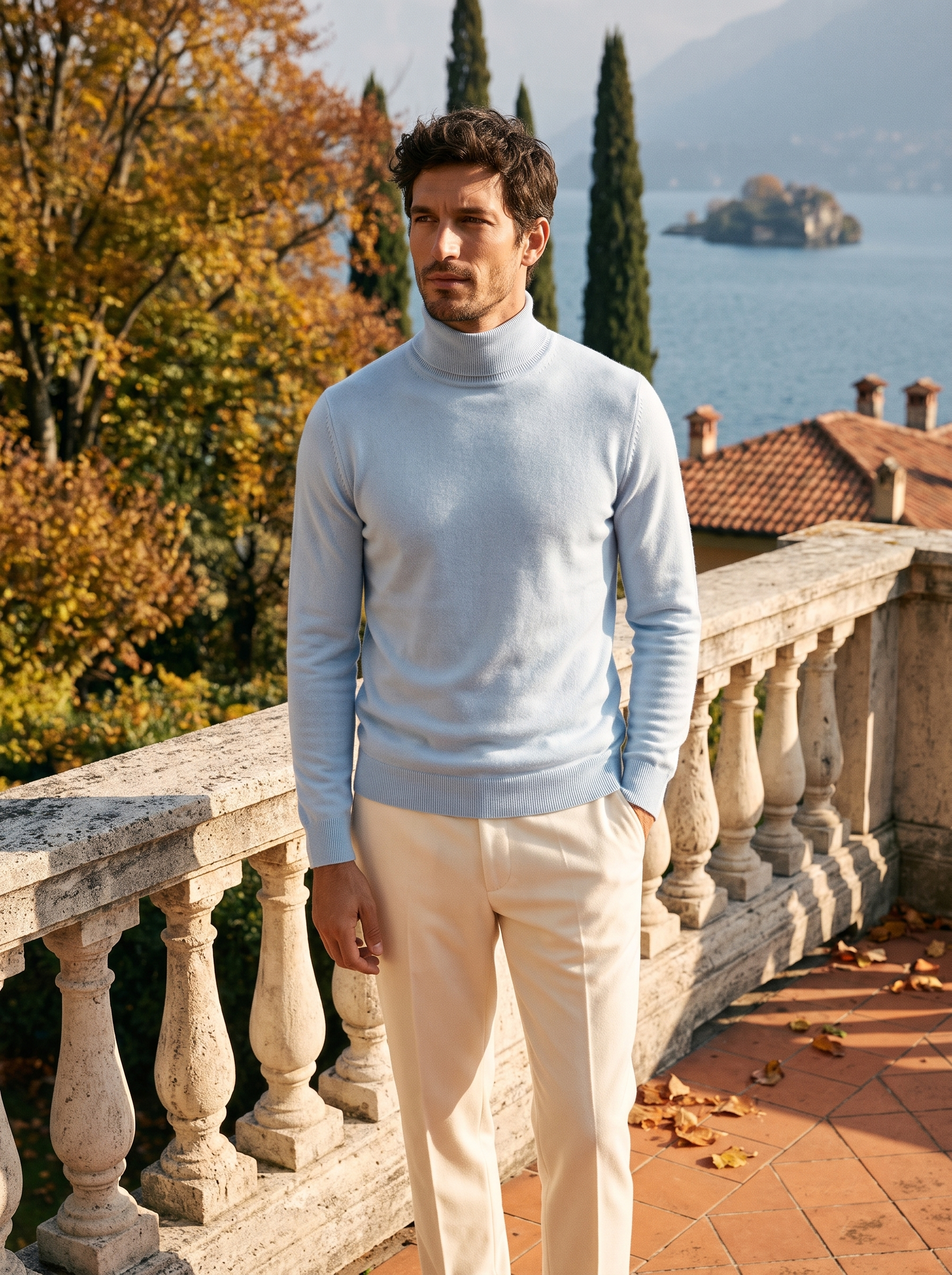 Misty blue wool turtleneck sweater for men, front view - Aveloire