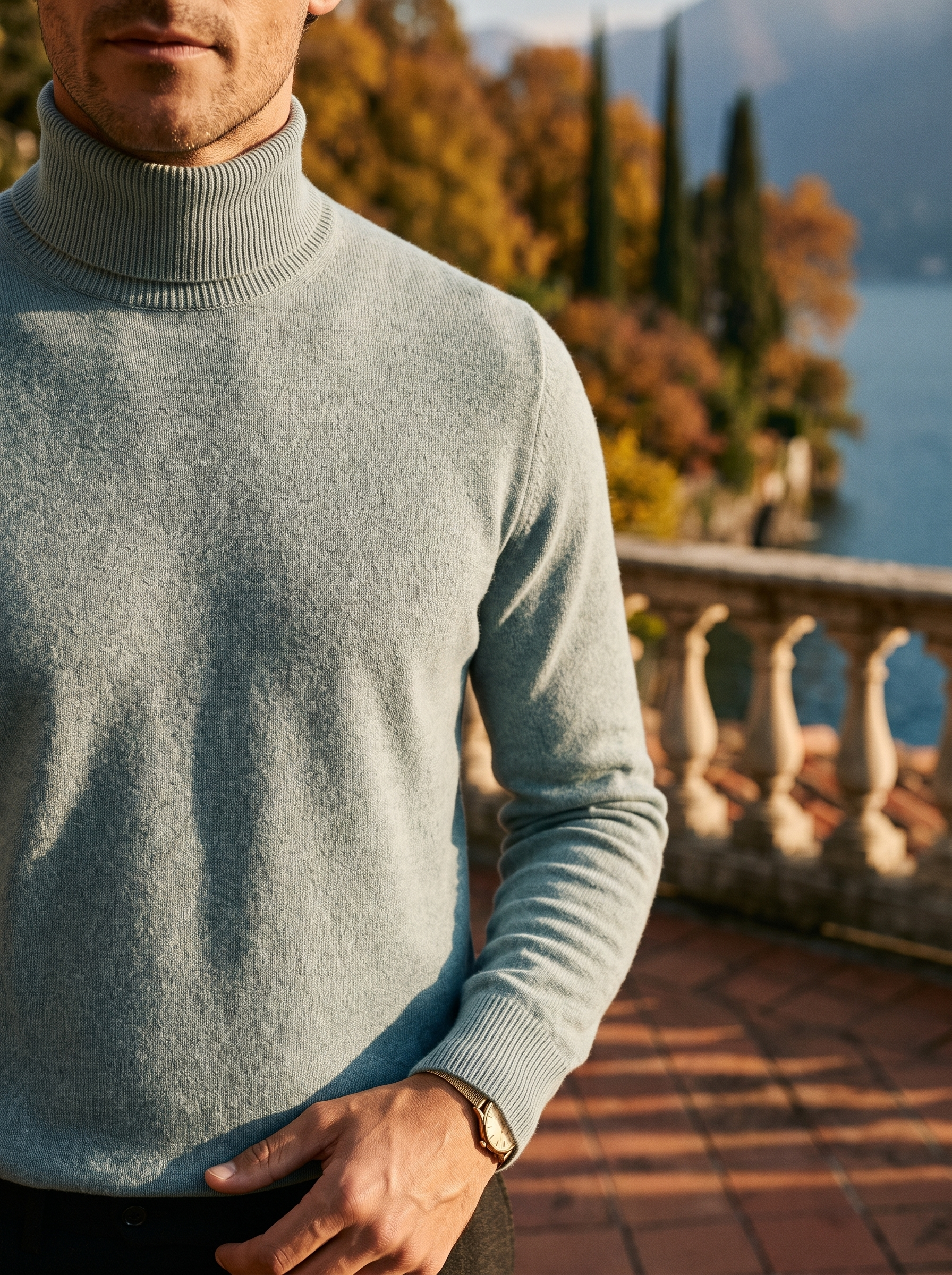 Close-up of the fine-gauge knit on a misty blue wool turtleneck sweater — Aveloire
