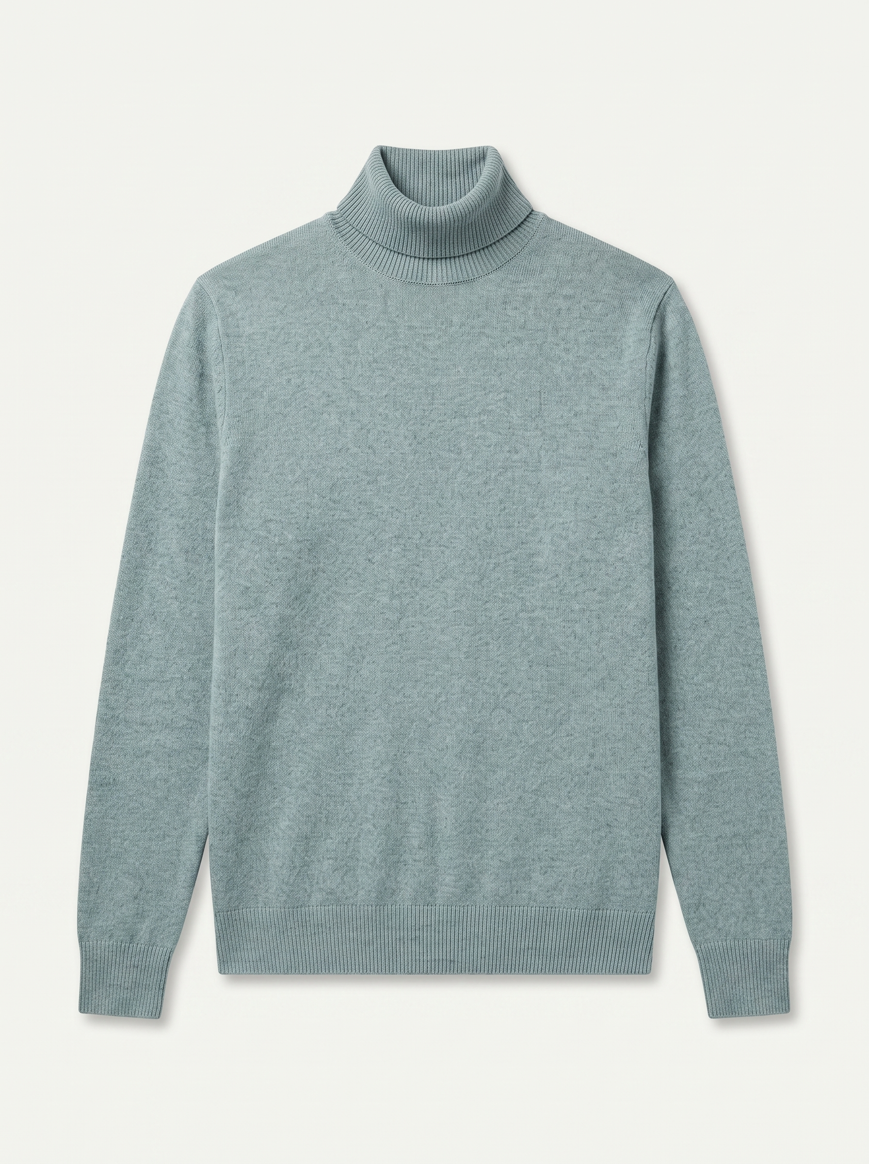 Misty blue pure wool turtleneck sweater flat lay product photo — Aveloire