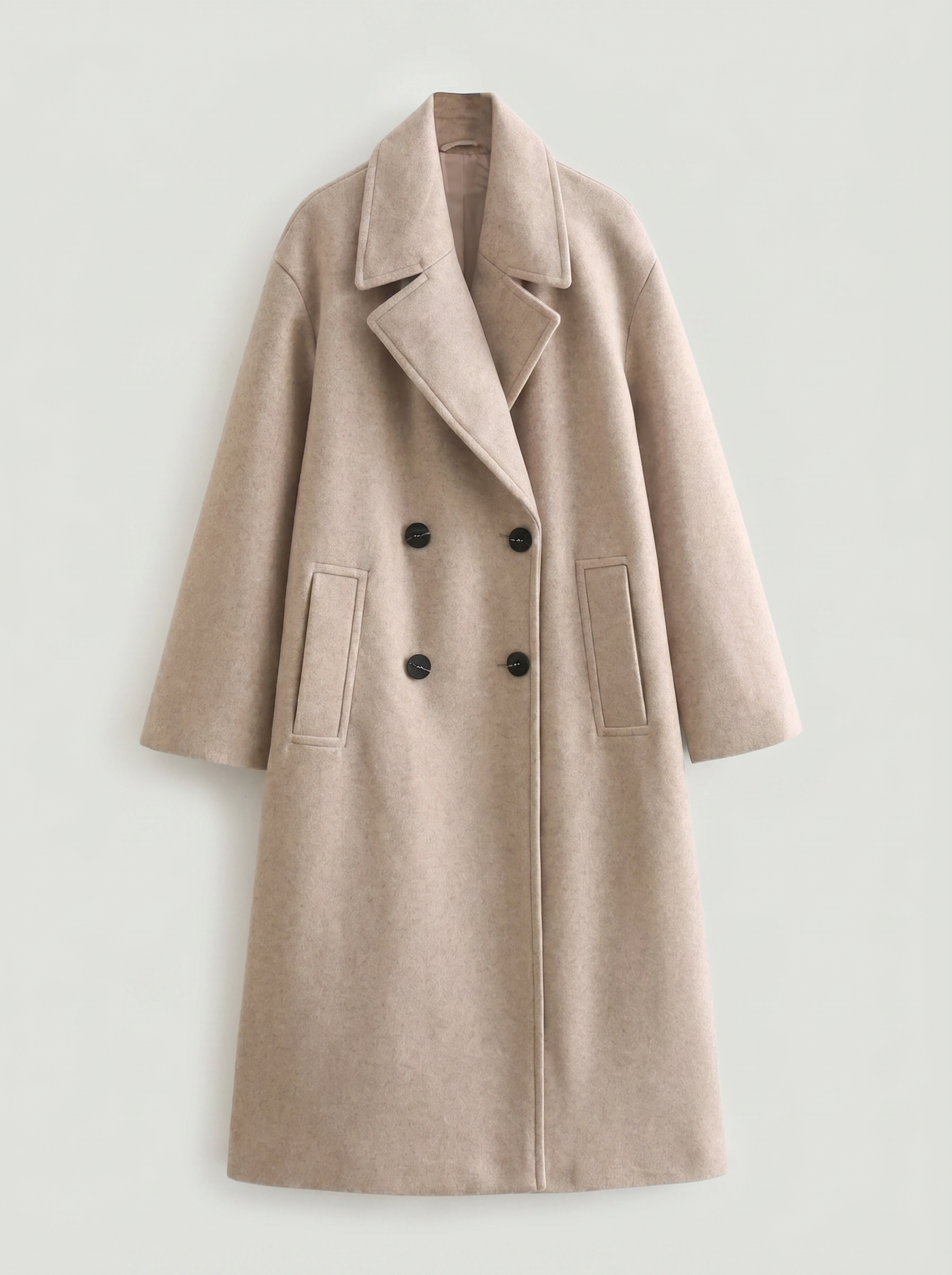 Oatmeal double-breasted wool overcoat flat lay product photo — Eireen by Aveloire