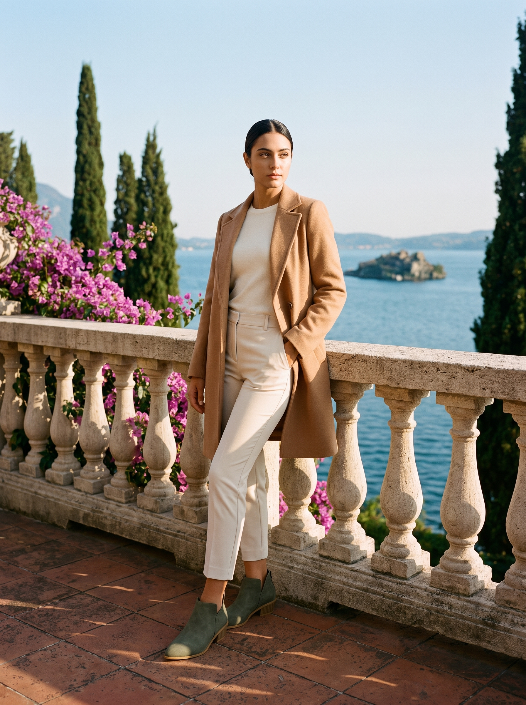 Full body front view of olive V-cut ankle boots with cream trousers and camel coat — Aveloire