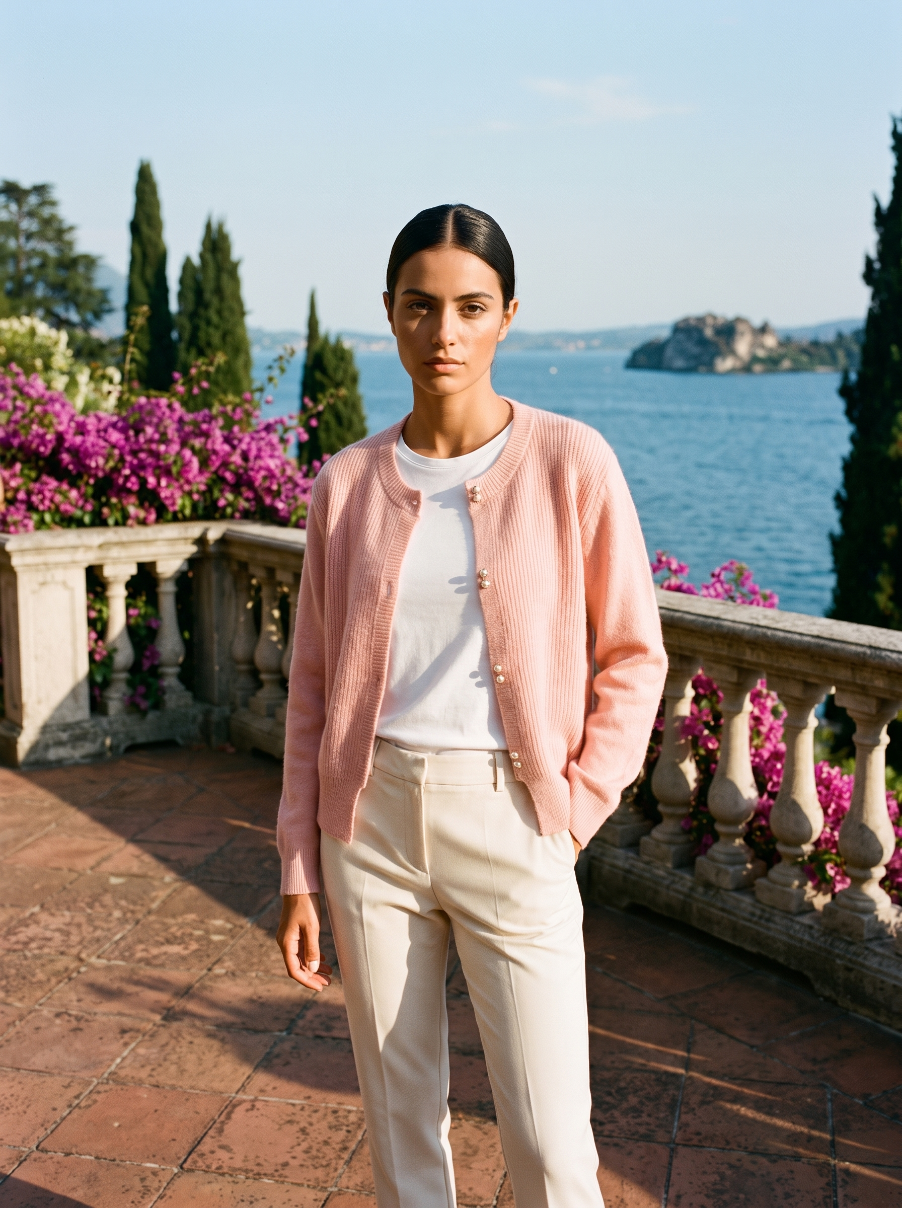 Pink round-neck cardigan, full body front view on a Lake Como terrace — Aveloire