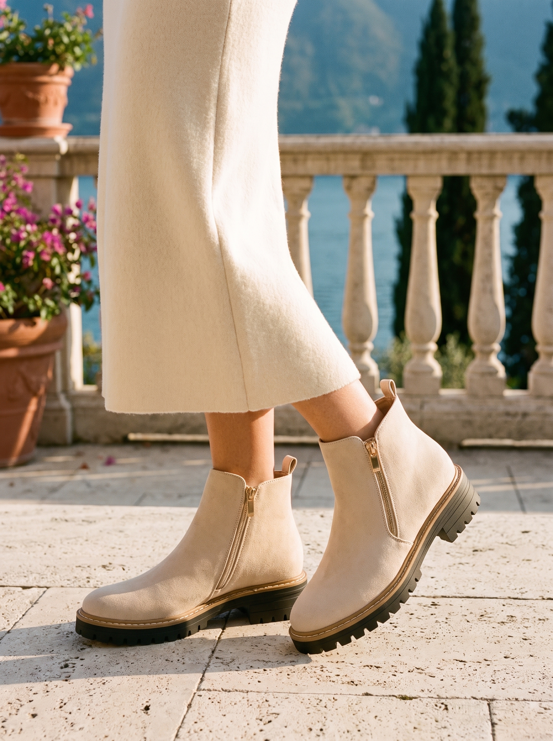 Sand beige suede-look lug sole ankle boots with gold side zip