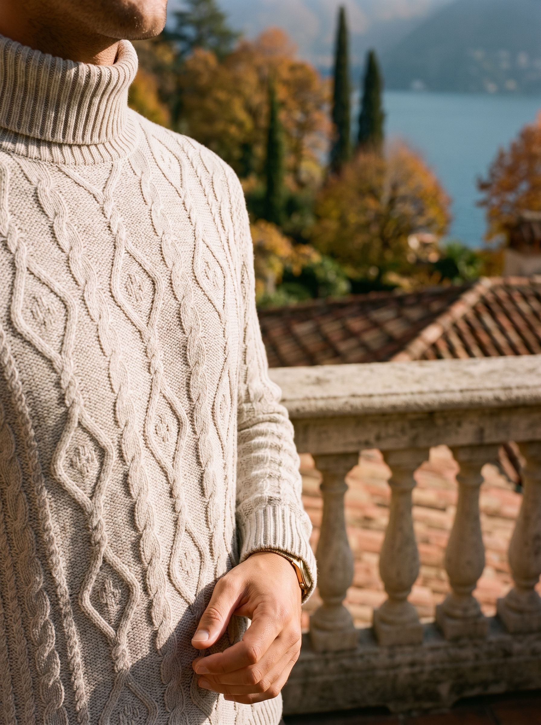 Close-up of the raised diamond cable knit texture on a men's turtleneck sweater — Aveloire